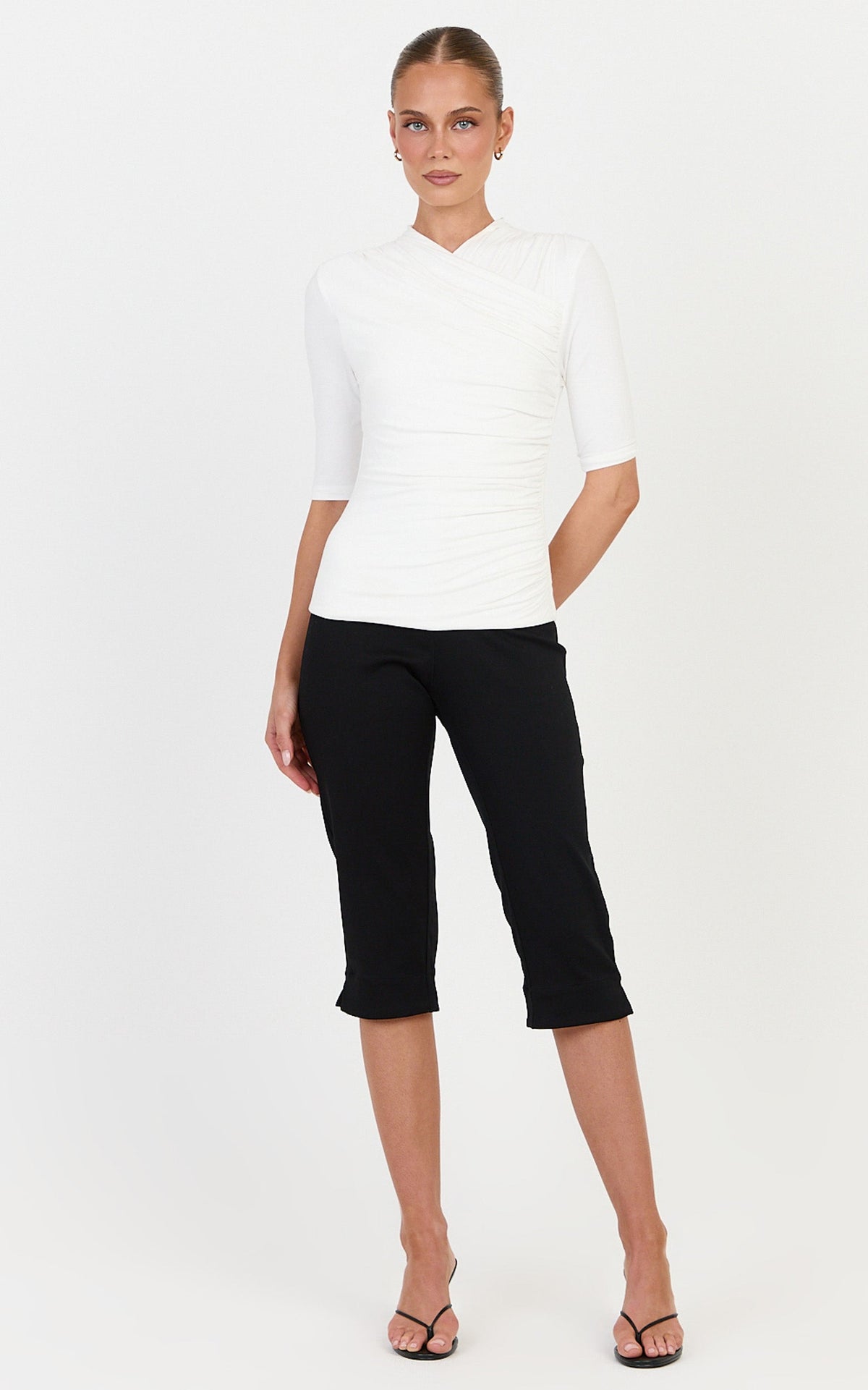 Tess Top - Cotton Blend Wrap V Neck Short Sleeve Top in Ivory