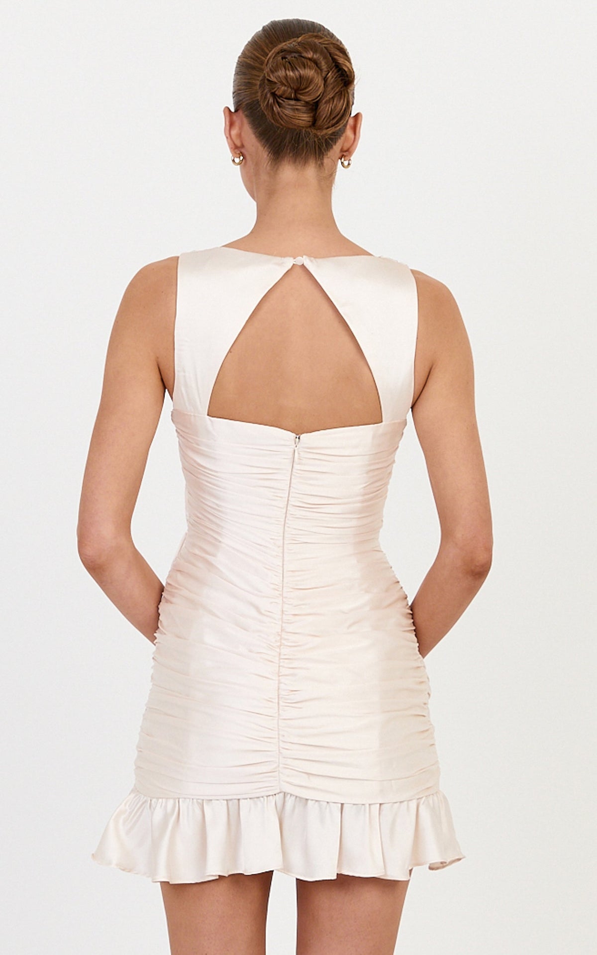 Kelli Mini Dress - Ruched Flounce Dress in Champagne