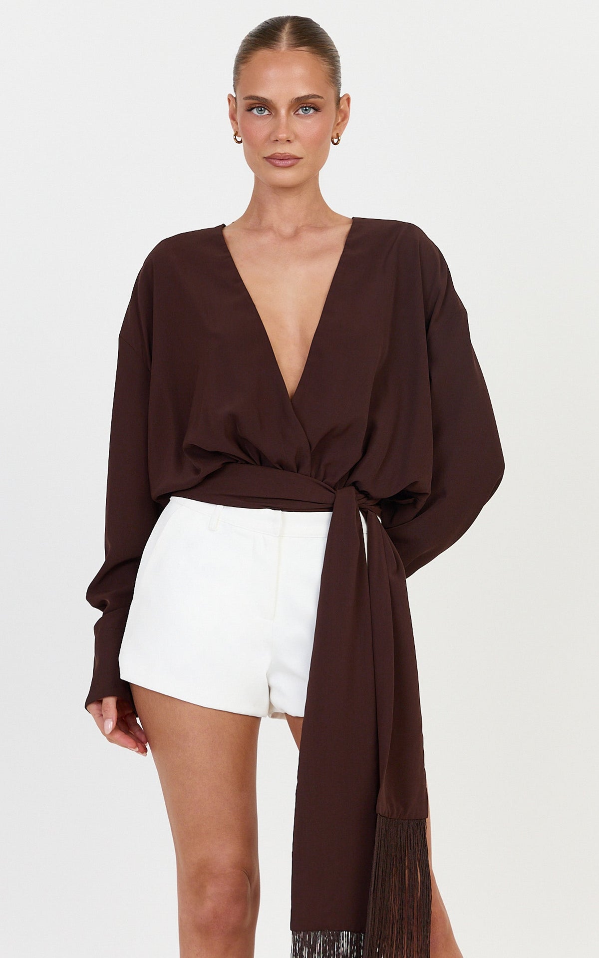 Ariette Bodysuit - Plunge Neck Tassel Detail Belt Bodysuit in Chocolate