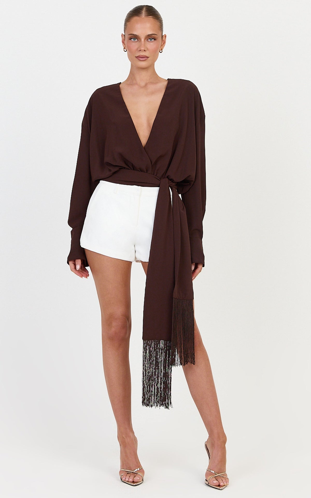 Ariette Bodysuit - Plunge Neck Tassel Detail Belt Bodysuit in Chocolate