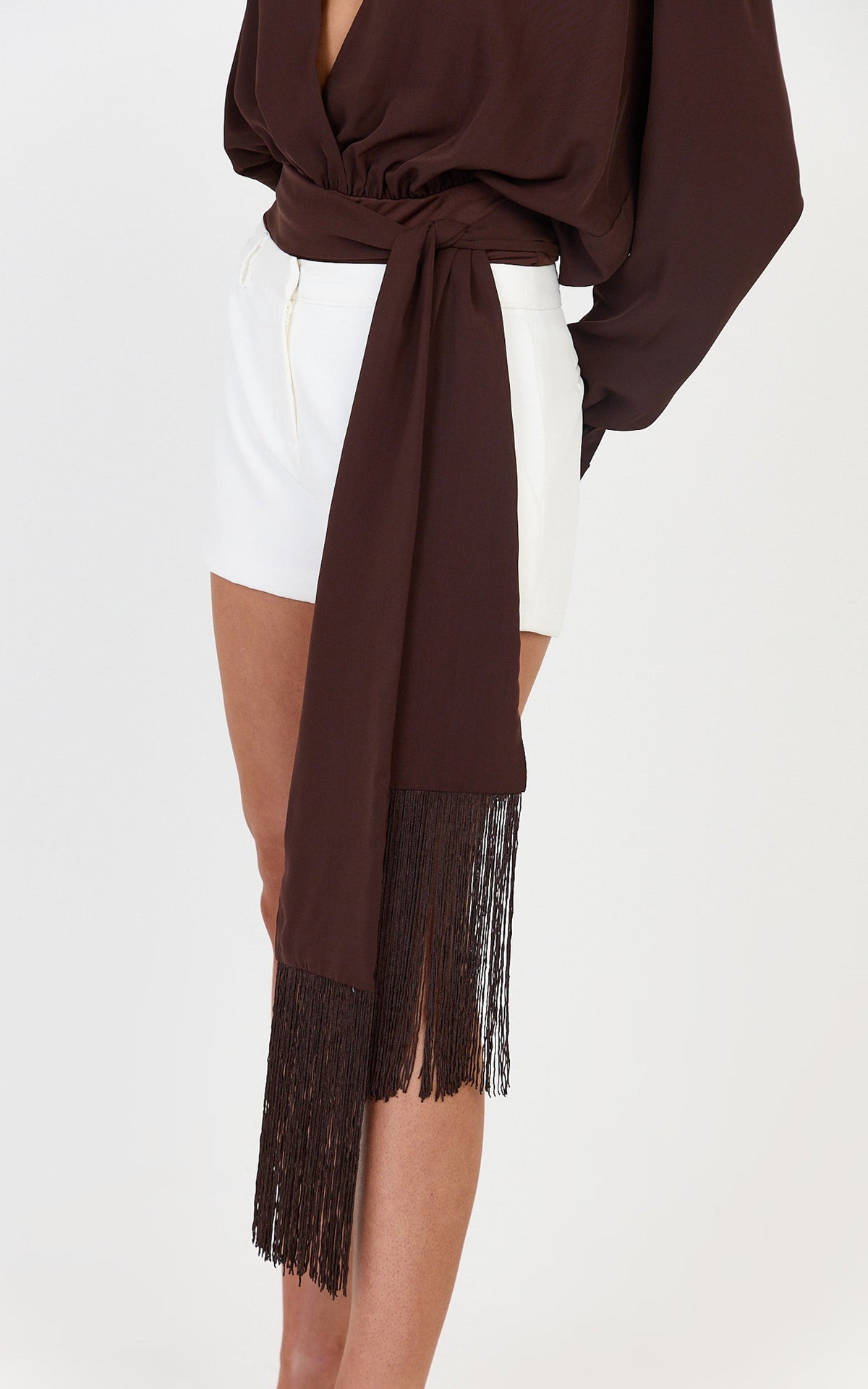 Ariette Bodysuit - Plunge Neck Tassel Detail Belt Bodysuit in Chocolate