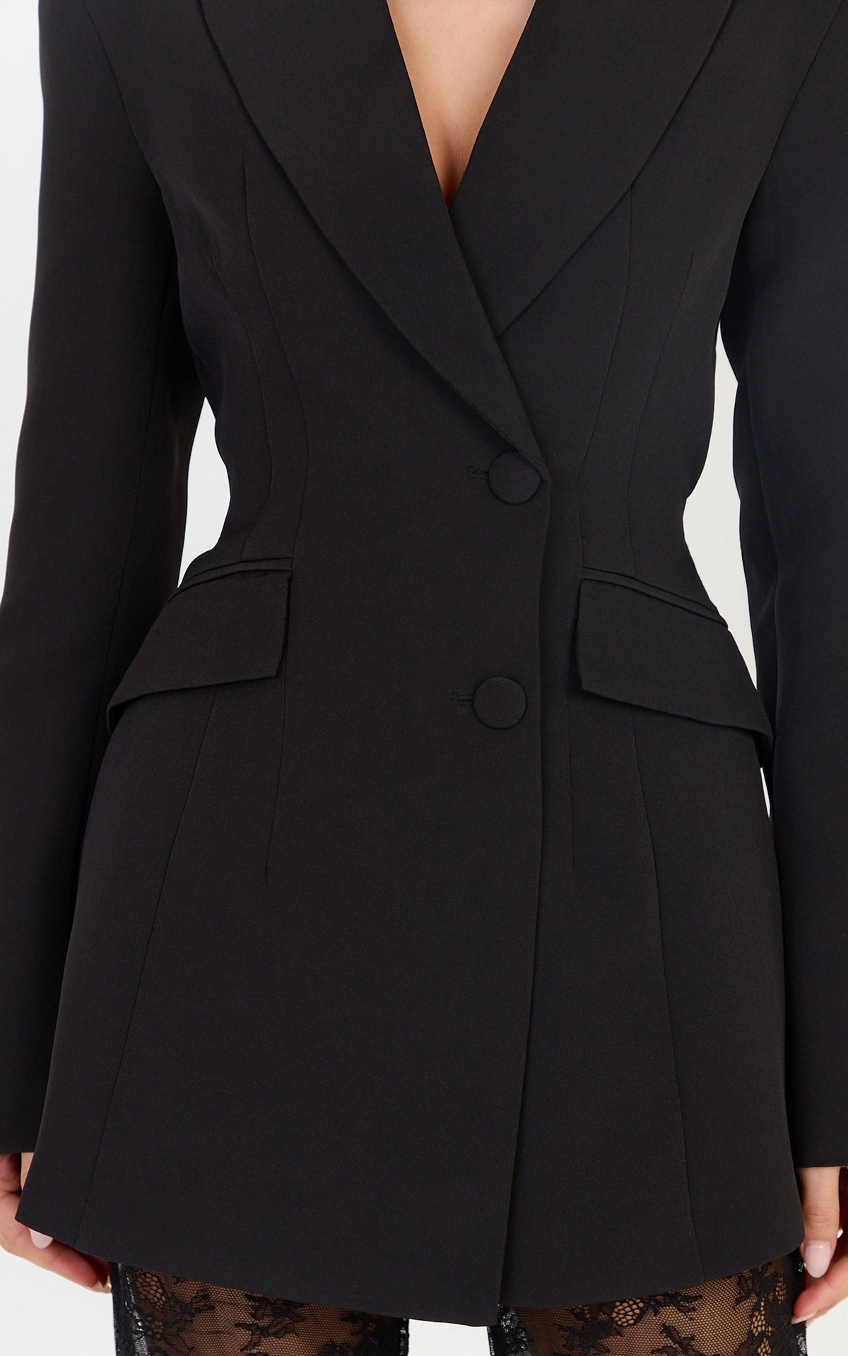 Nyla Blazer - Longline Plunge Neck Cinched Blazer in Black