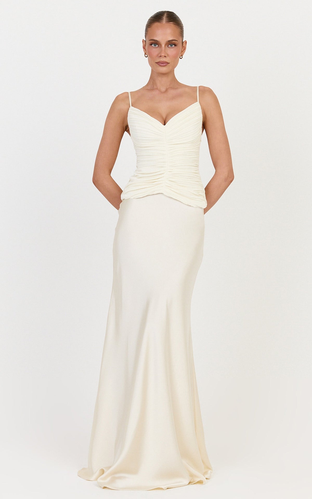 Veda Two Piece Top and Skirt Set - Plunge Ruched Plisse Contrast Satin Skirt Set in Champagne