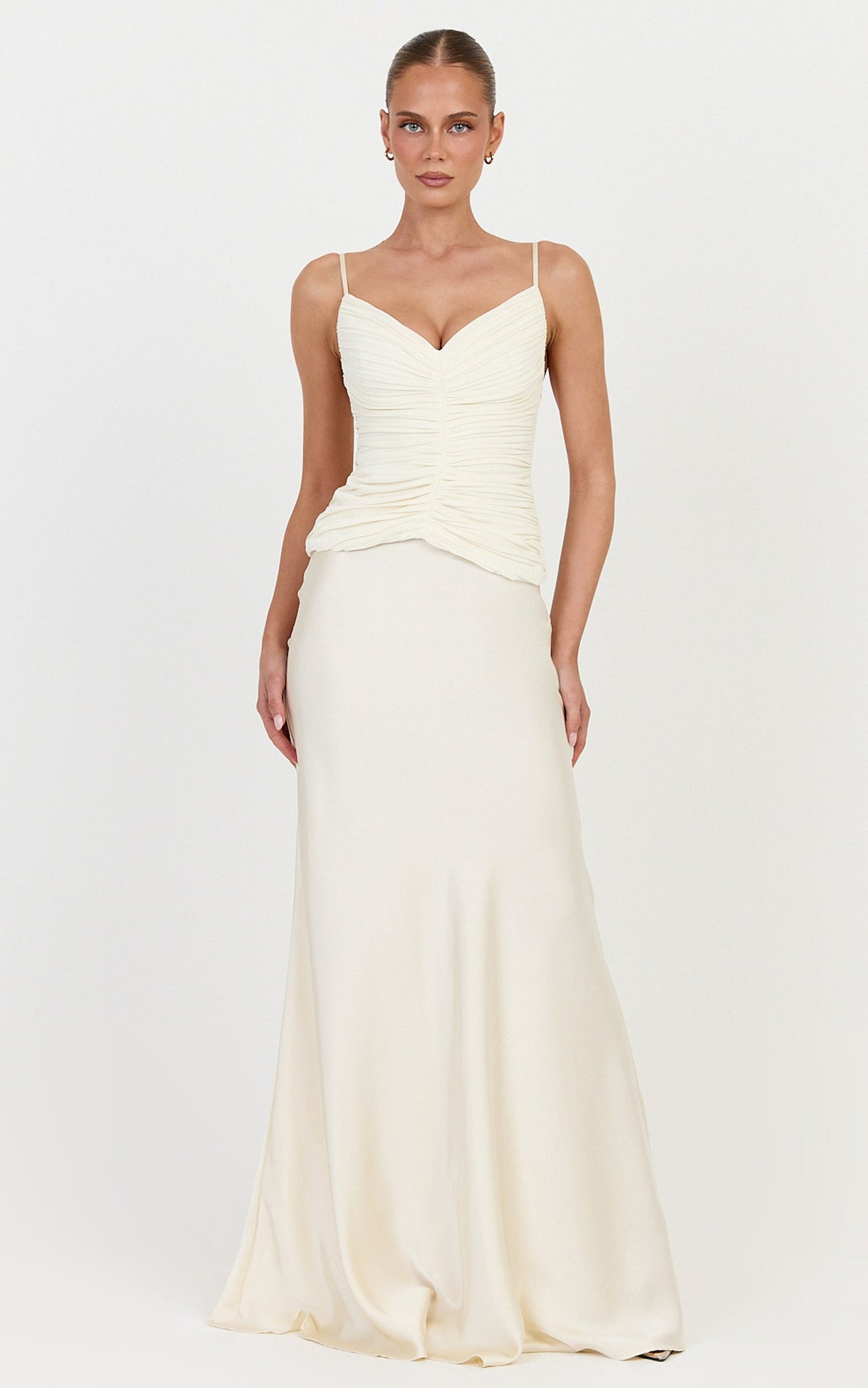 Veda Two Piece Top and Skirt Set - Plunge Ruched Plisse Contrast Satin Skirt Set in Champagne