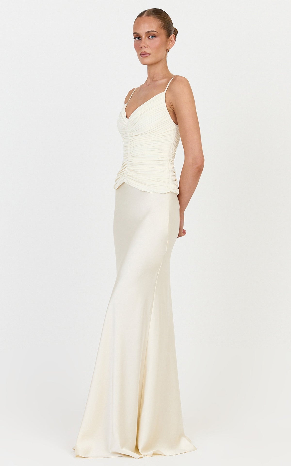 Veda Two Piece Top and Skirt Set - Plunge Ruched Plisse Contrast Satin Skirt Set in Champagne