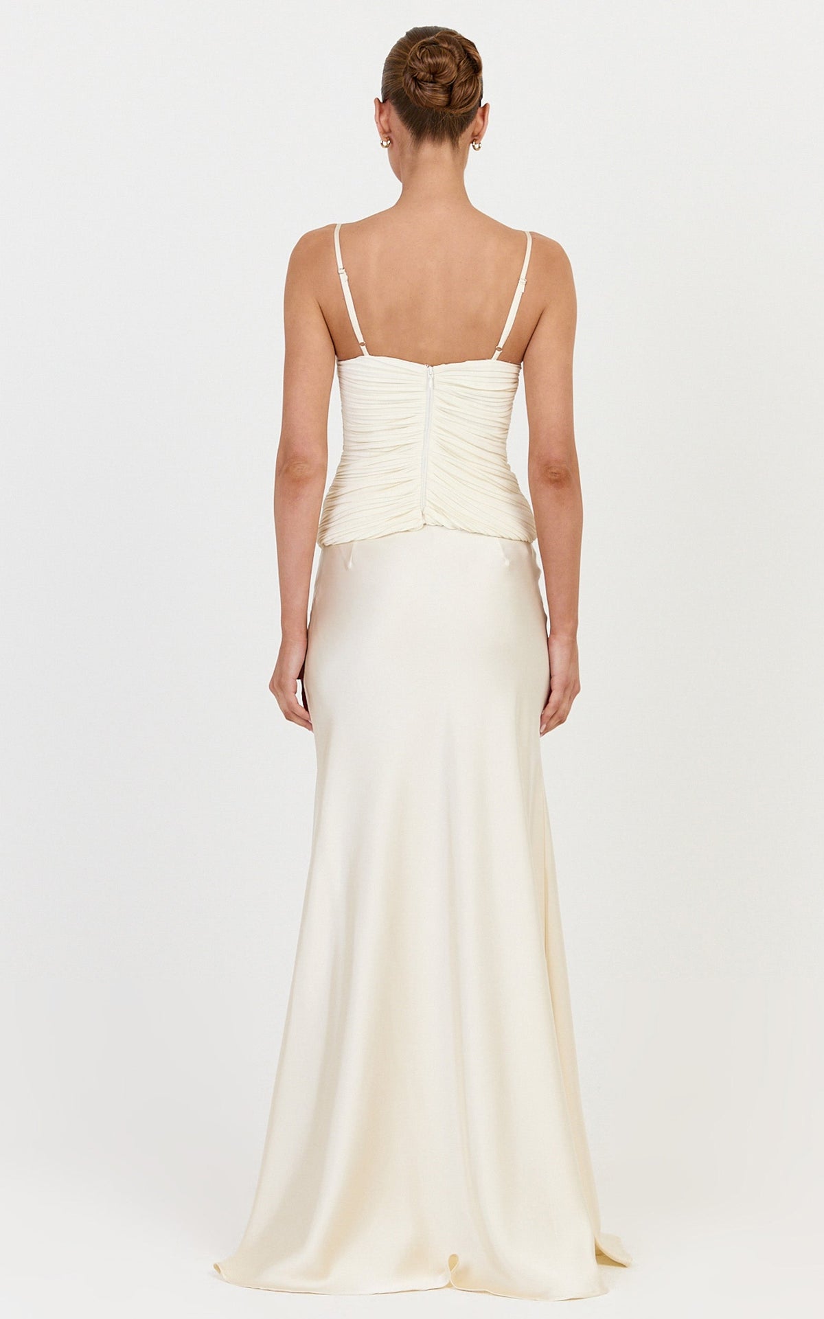 Veda Two Piece Top and Skirt Set - Plunge Ruched Plisse Contrast Satin Skirt Set in Champagne