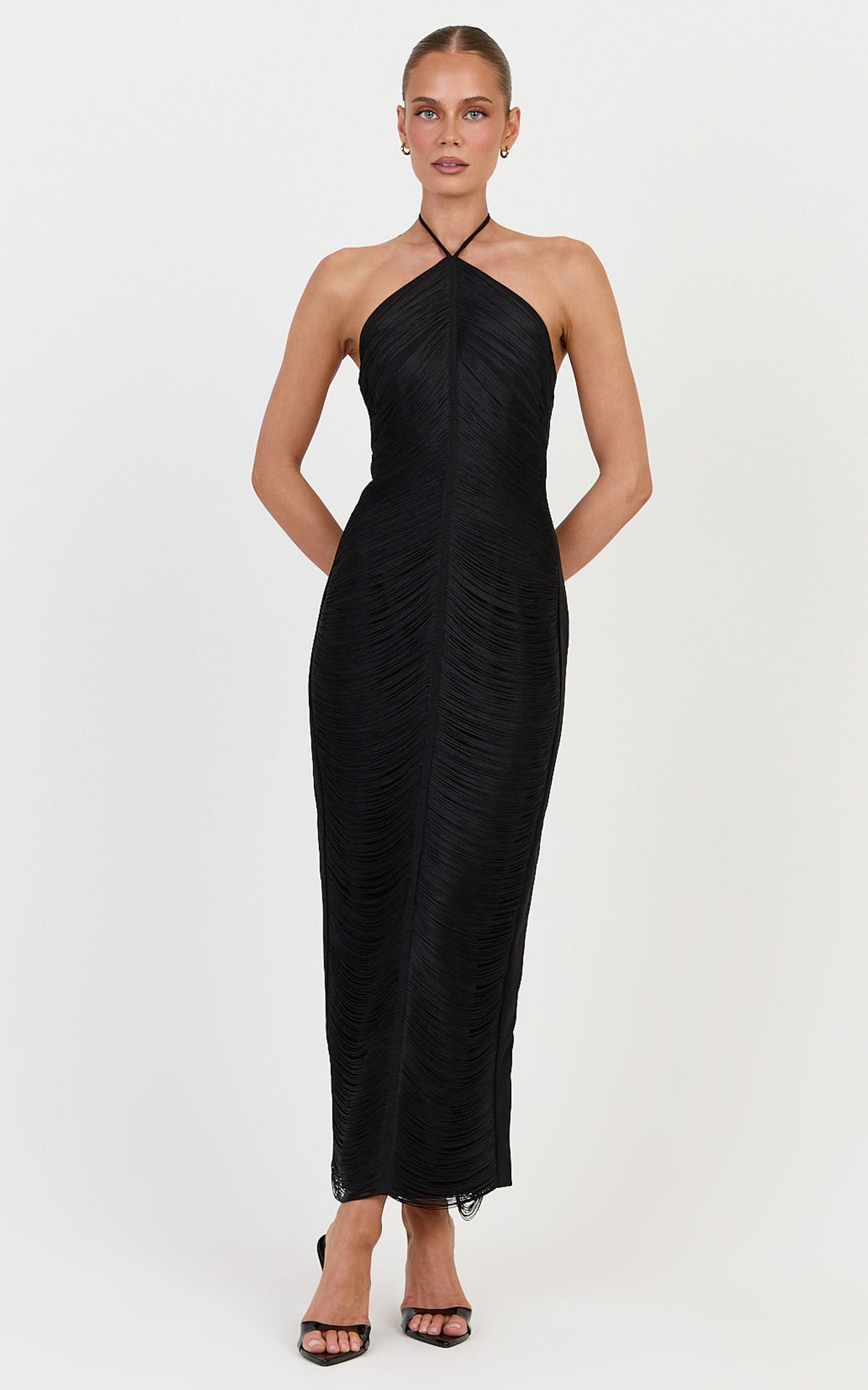 Tori Maxi Dress - Halter Neck Fringed Dress in Black