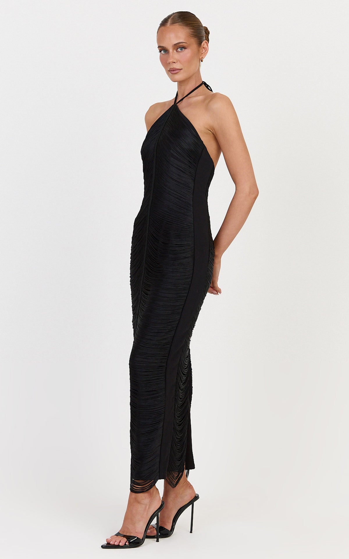 Tori Maxi Dress - Halter Neck Fringed Dress in Black
