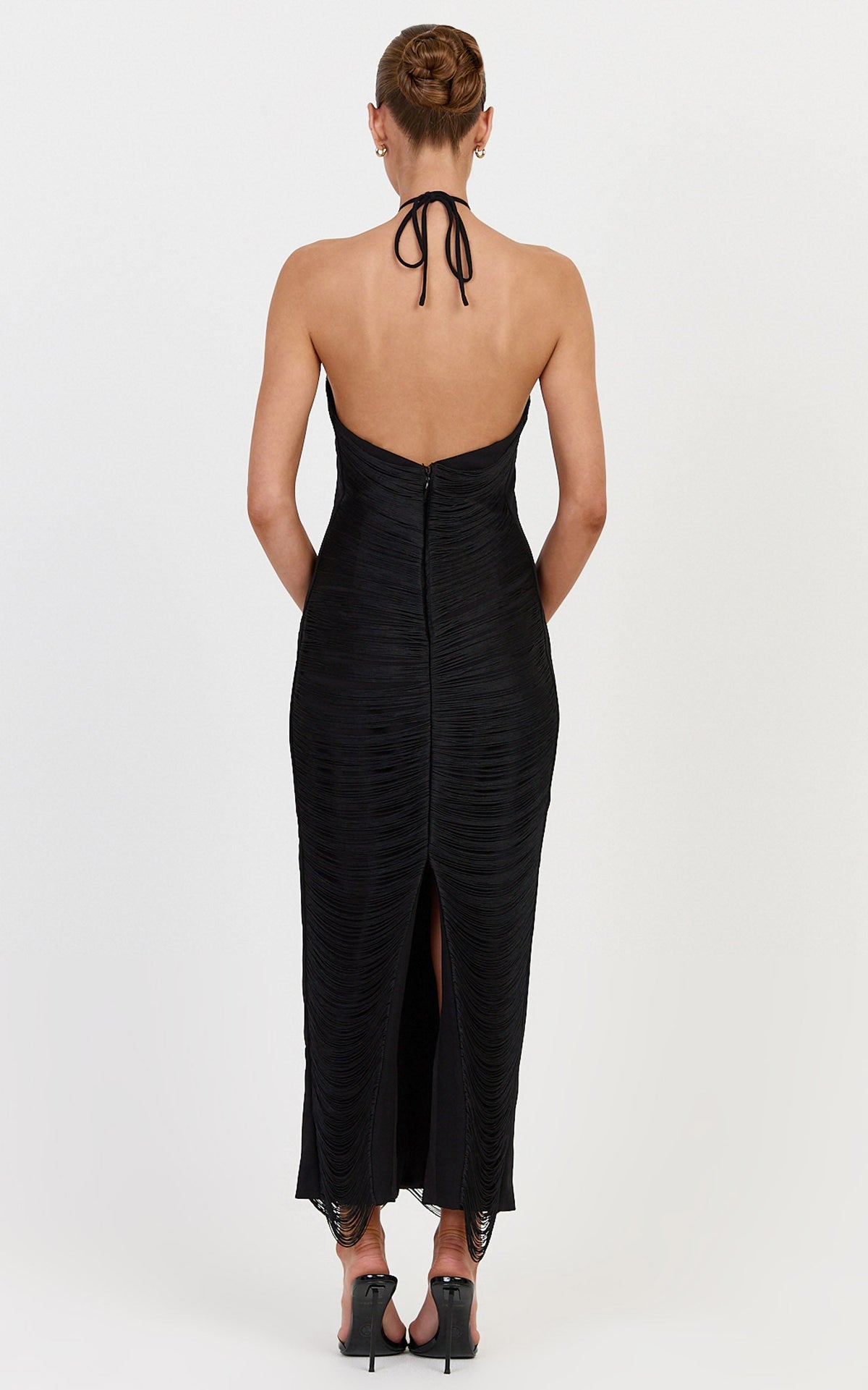 Tori Maxi Dress - Halter Neck Fringed Dress in Black