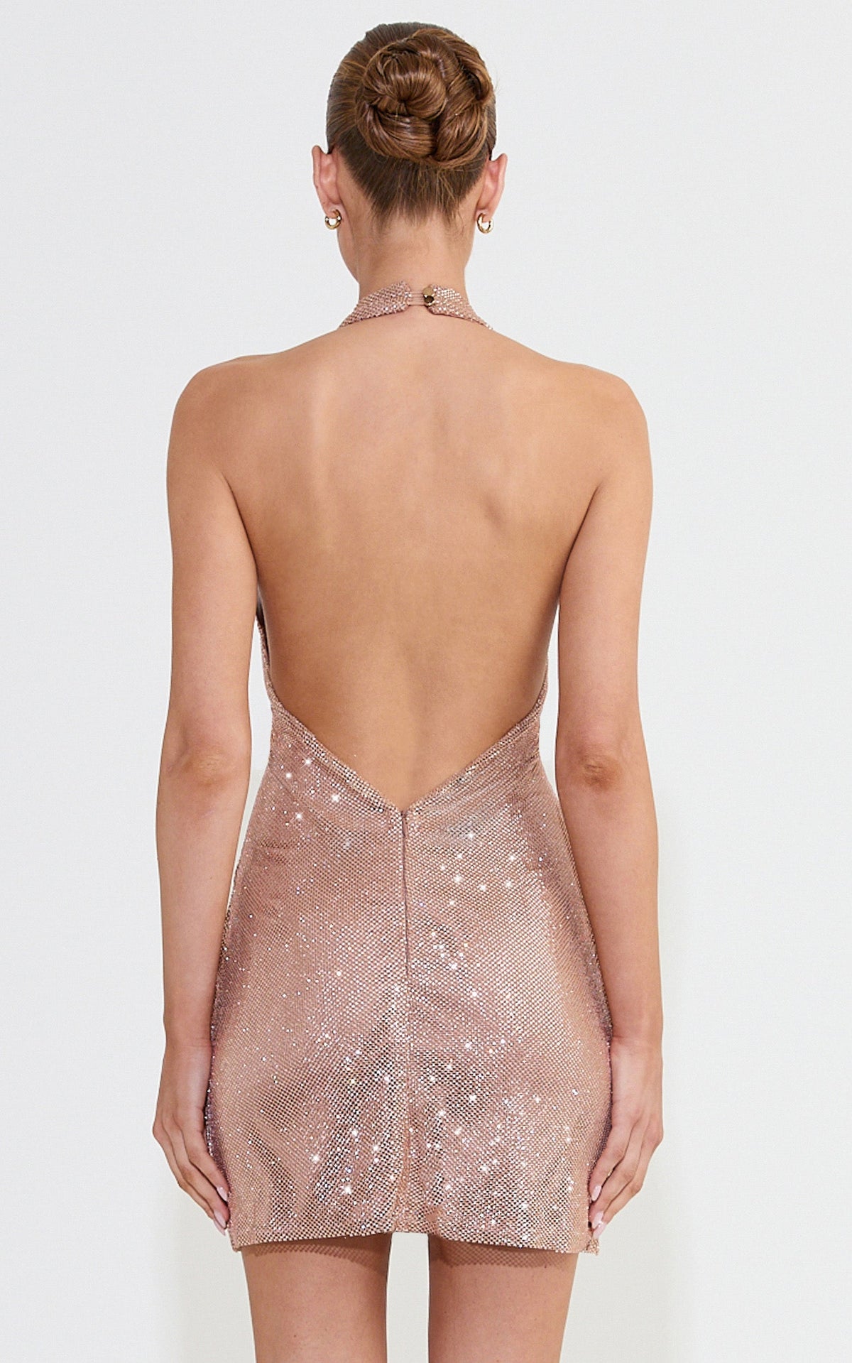Margaux Mini Dress - Plunge Halter Neck Backless Diamond Net Dress in Antique Gold