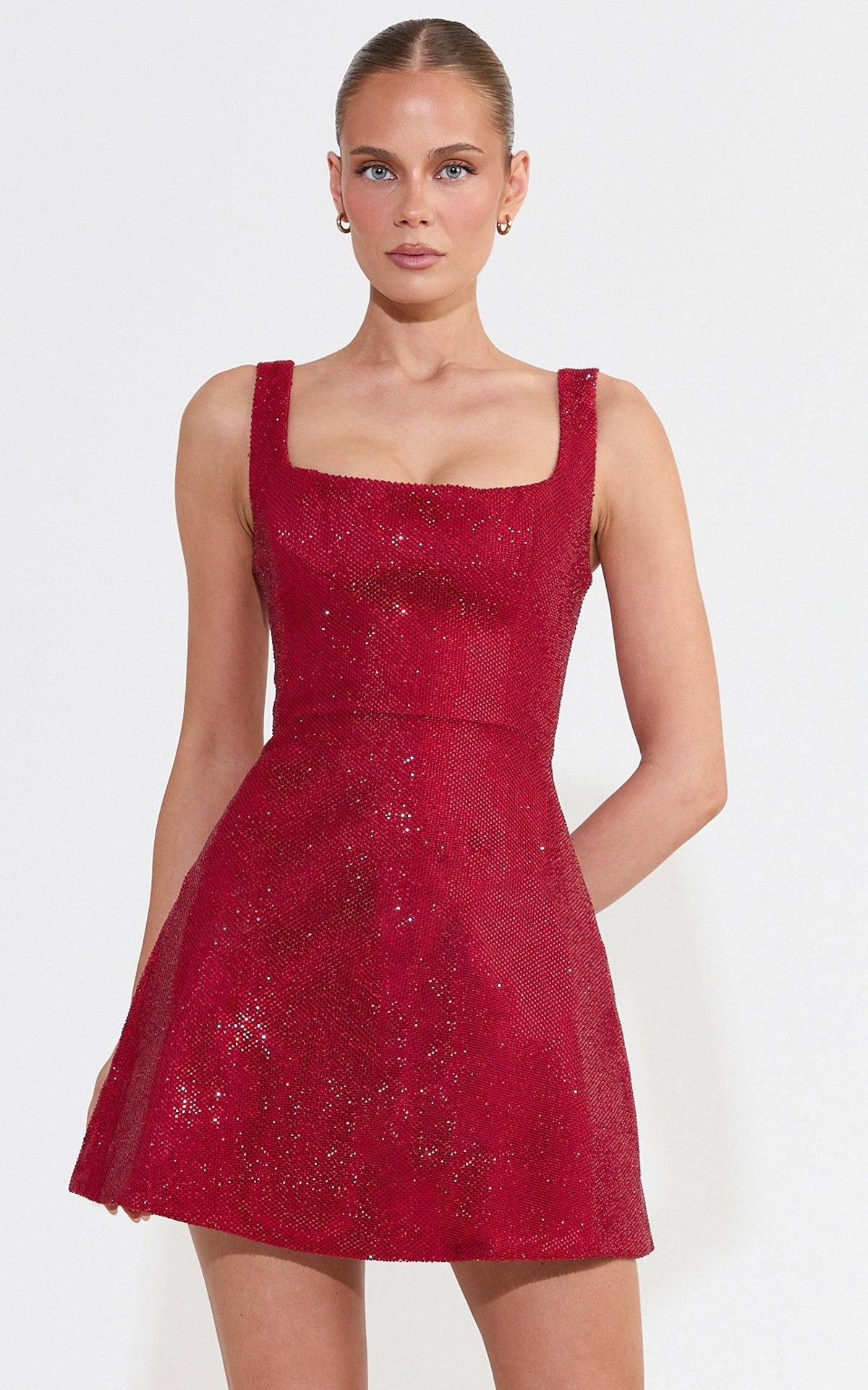 Gaia Mini Dress - Diamante Structured A Line Dress in Red Wine