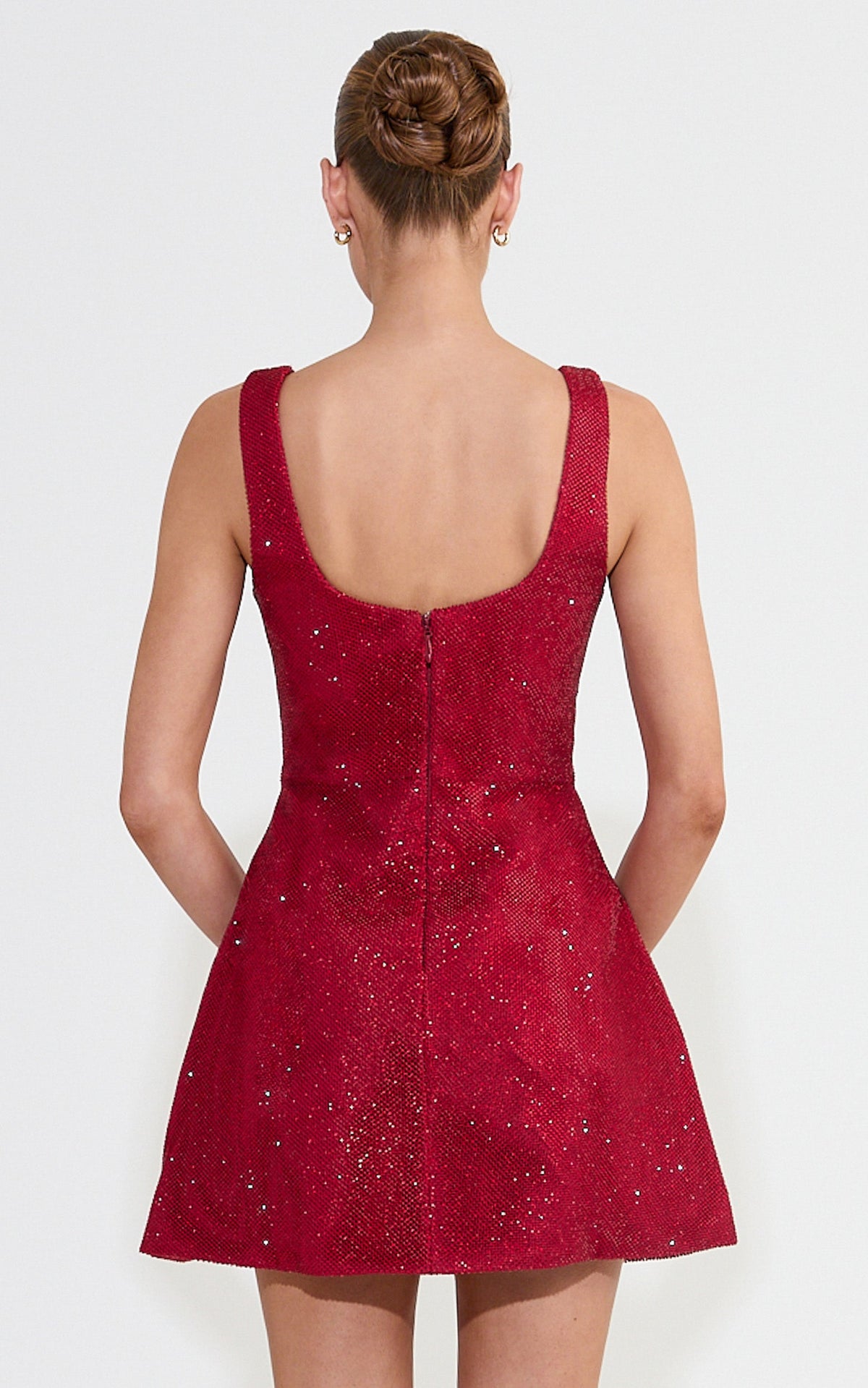 Gaia Mini Dress - Diamante Structured A Line Dress in Red Wine