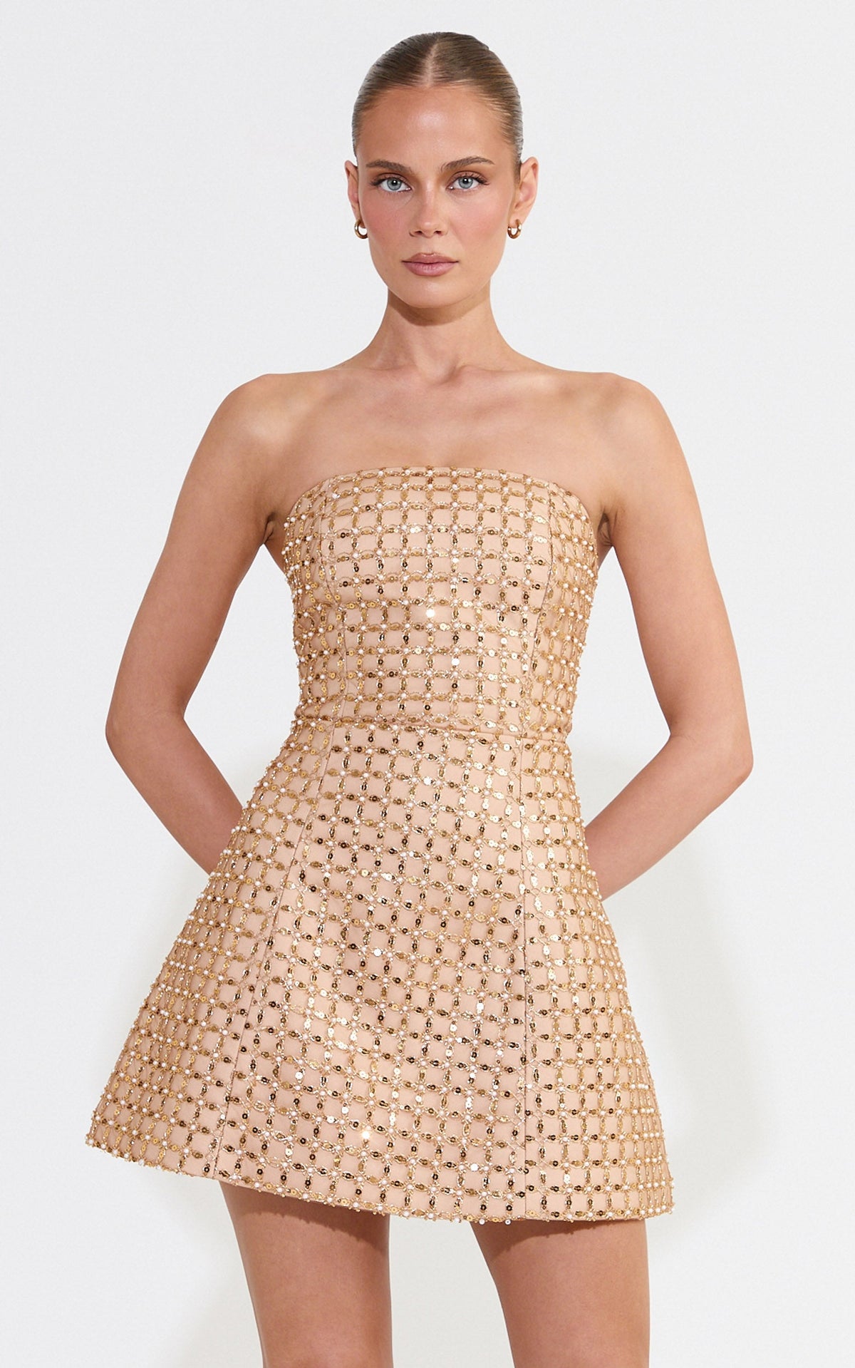 Camille Mini Dress - Strapless Structured Beaded Sequin Dress in Gold