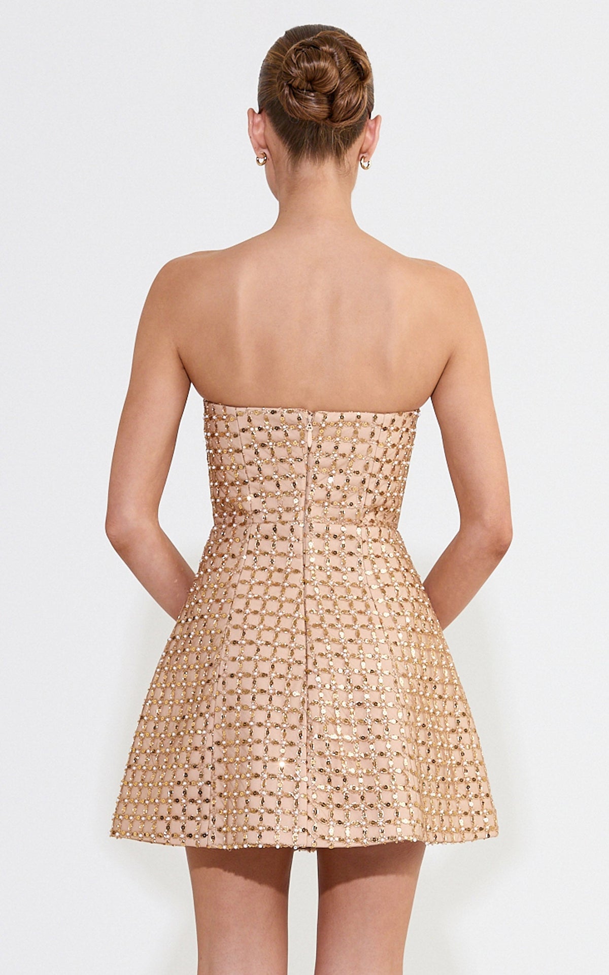 Camille Mini Dress - Strapless Structured Beaded Sequin Dress in Gold