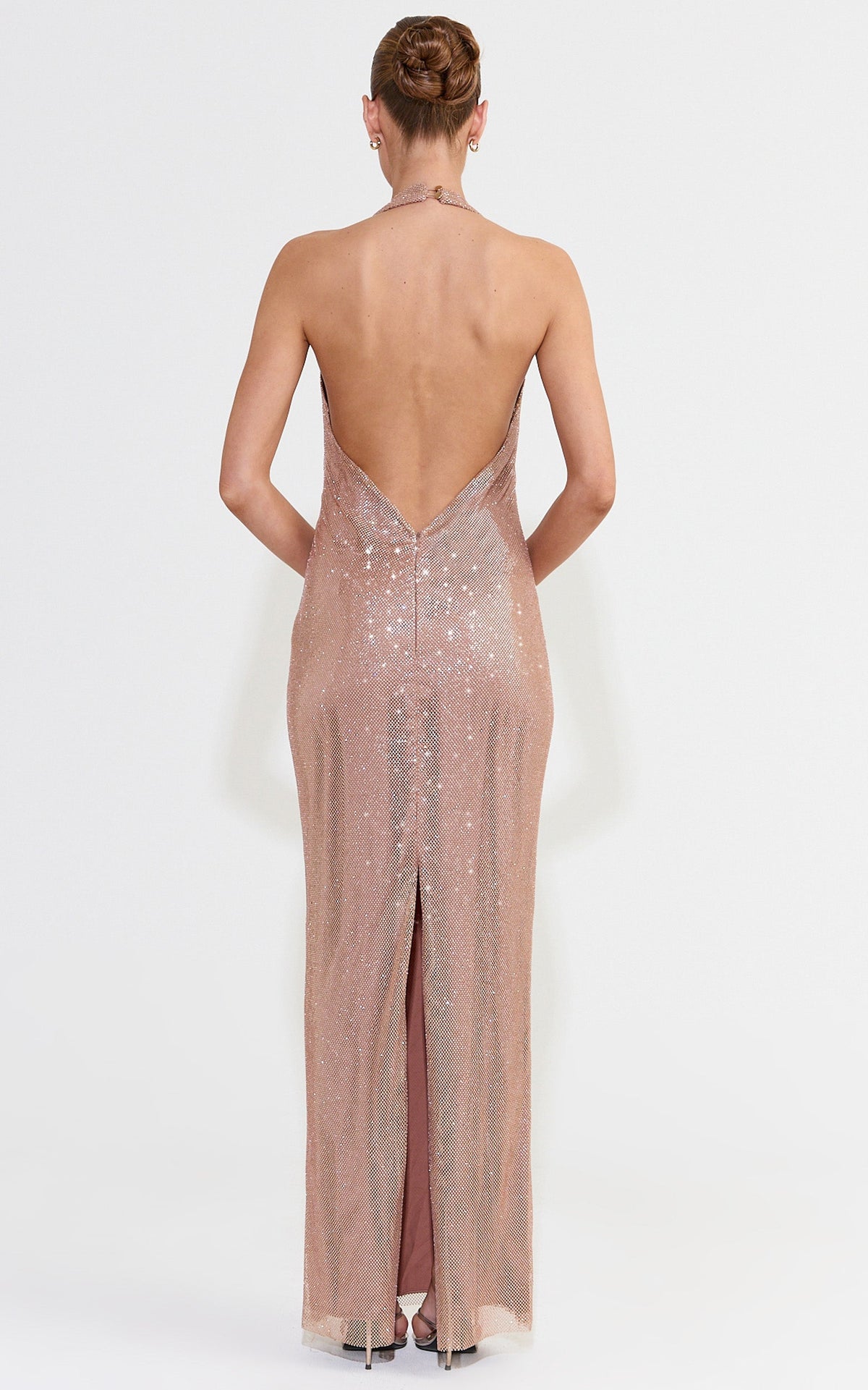Elise Maxi Dress - Plunge Halter Neck Backless Diamond Net Dress in Antique Gold