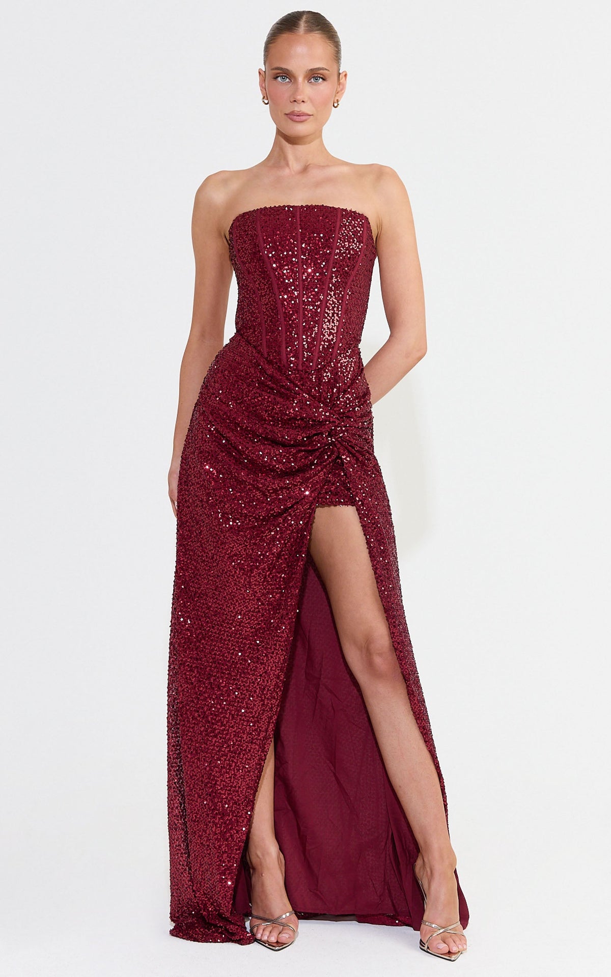 Tess Maxi Dress - Strapless Corset Bodice Sequin Dress With Draped Skirt in Wine