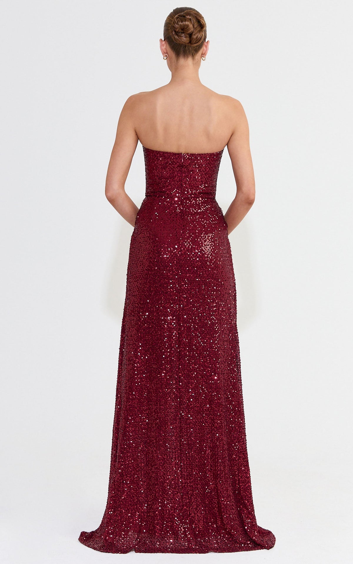 Tess Maxi Dress - Strapless Corset Bodice Sequin Dress With Draped Skirt in Wine