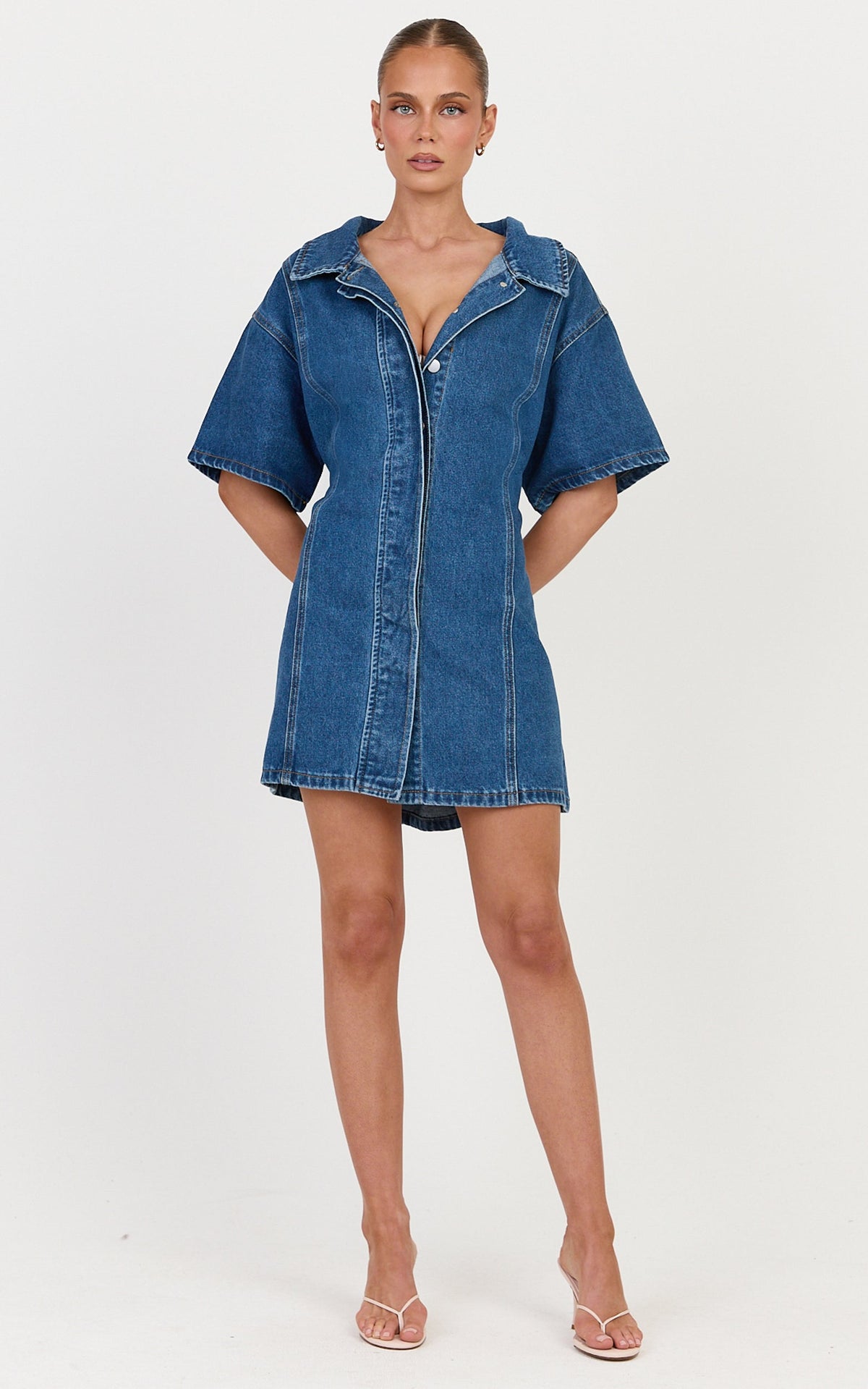 Arabella Mini Dress - Oversized Denim Short Sleeve Mini Dress in Dark Blue Wash