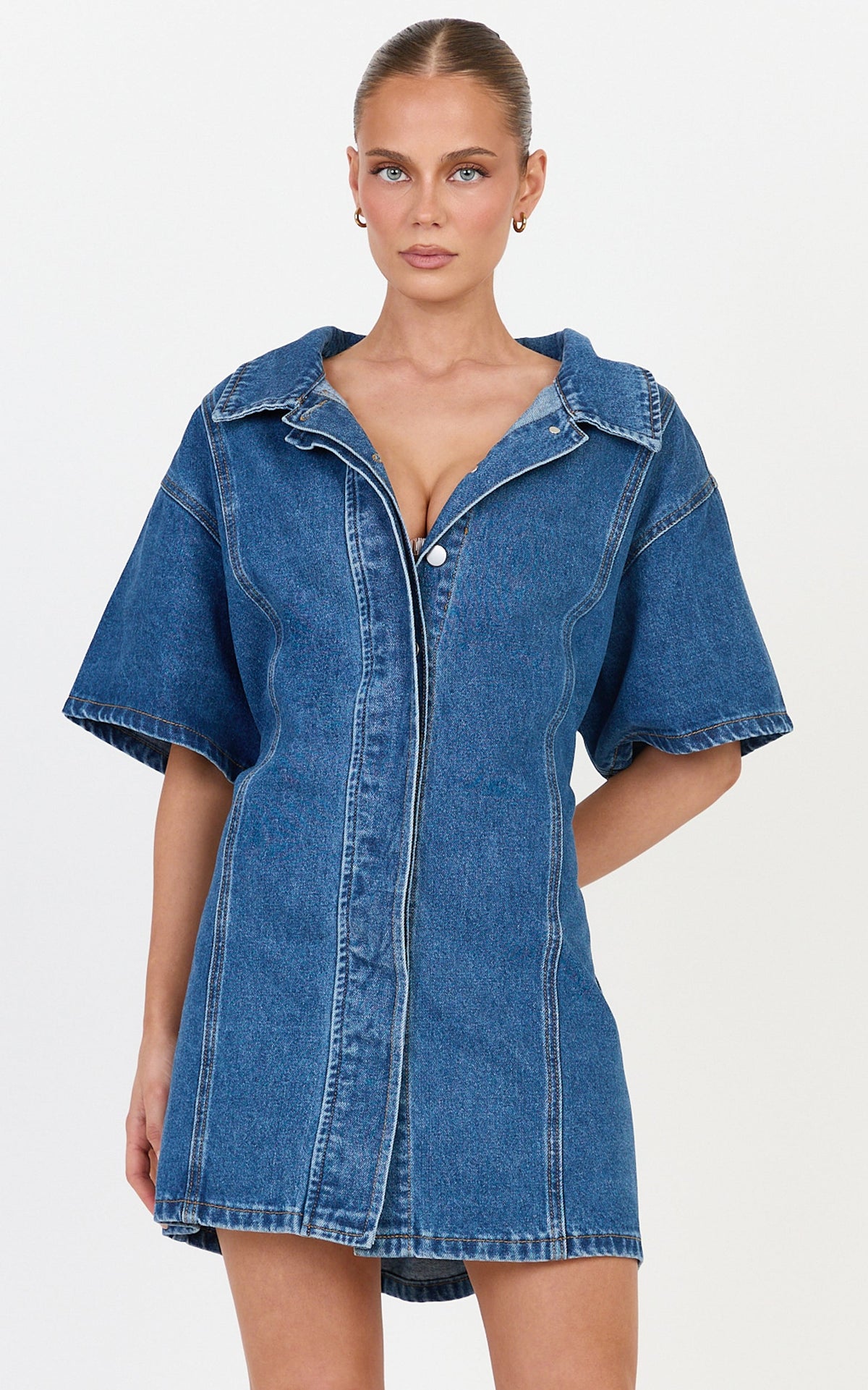 Arabella Mini Dress - Oversized Denim Short Sleeve Mini Dress in Dark Blue Wash