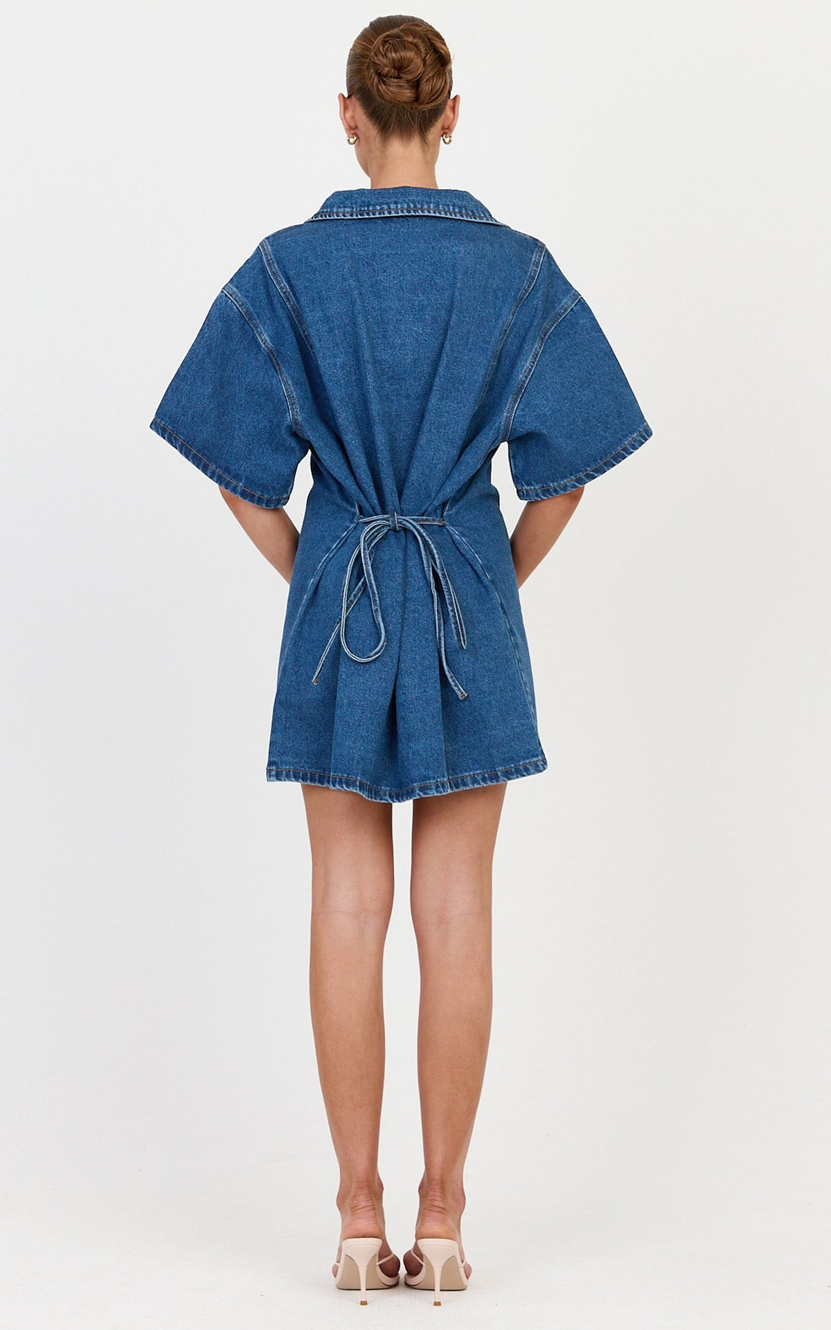 Arabella Mini Dress - Oversized Denim Short Sleeve Mini Dress in Dark Blue Wash