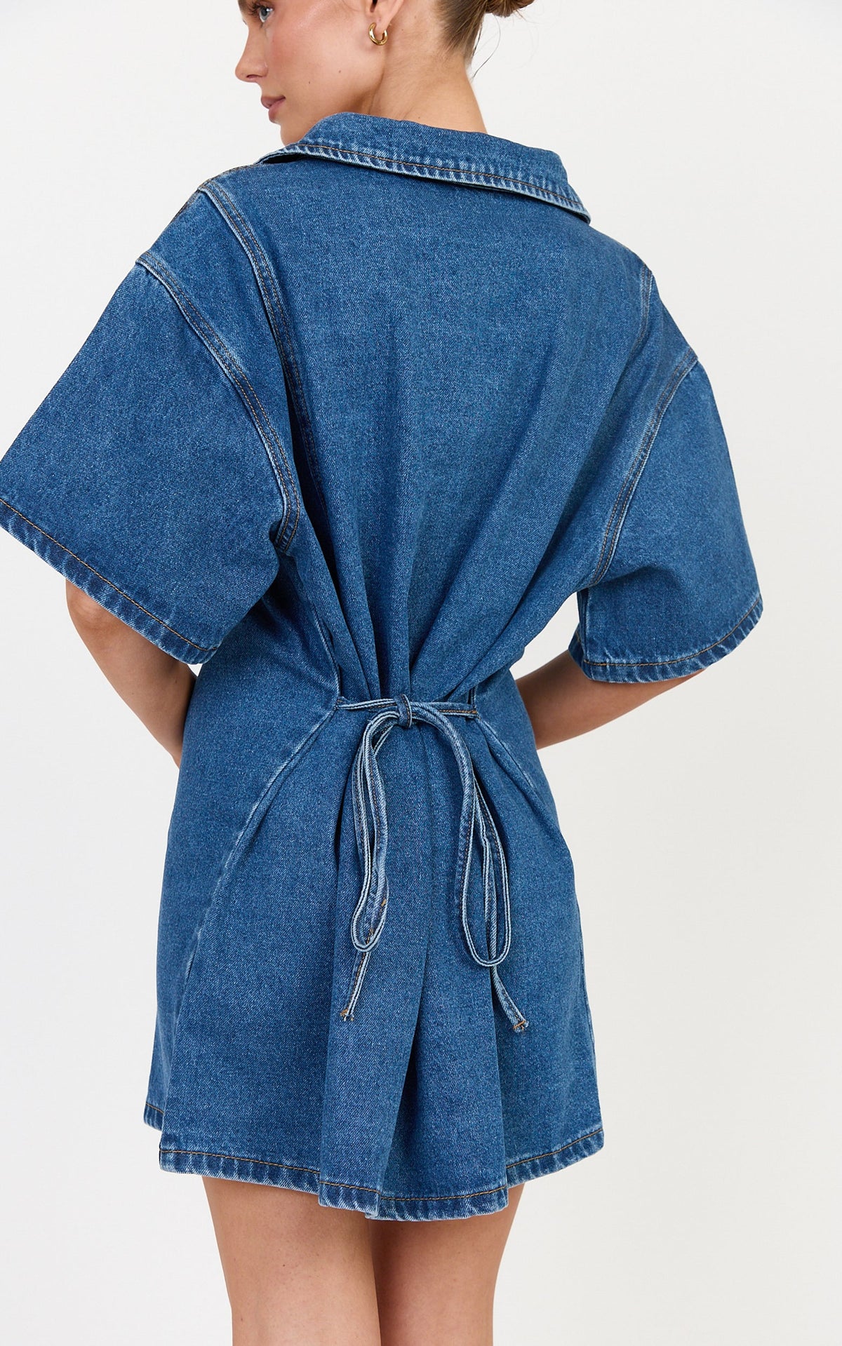Arabella Mini Dress - Oversized Denim Short Sleeve Mini Dress in Dark Blue Wash