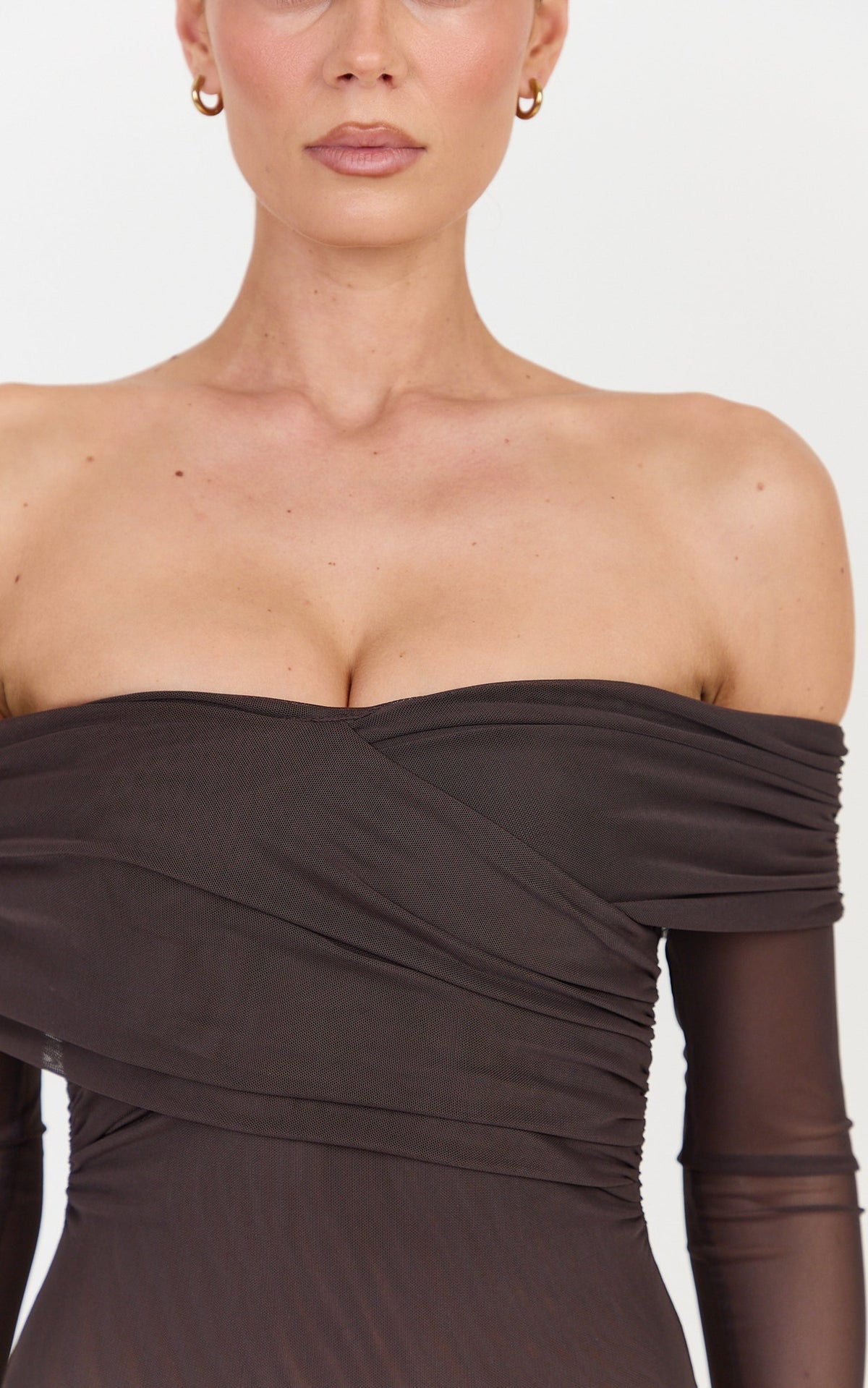 Opal Bodysuit - Long Sleeve Wrapped Off Shoulder Bodysuit in Chocolate
