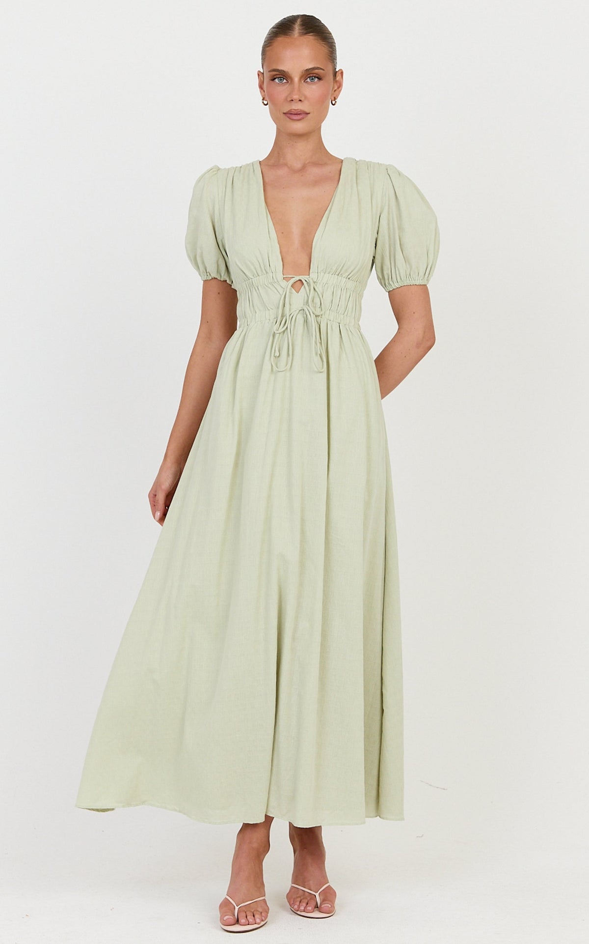 Matteo Midi Dress - Deep V Neck Puff Sleeve Dress in Sage