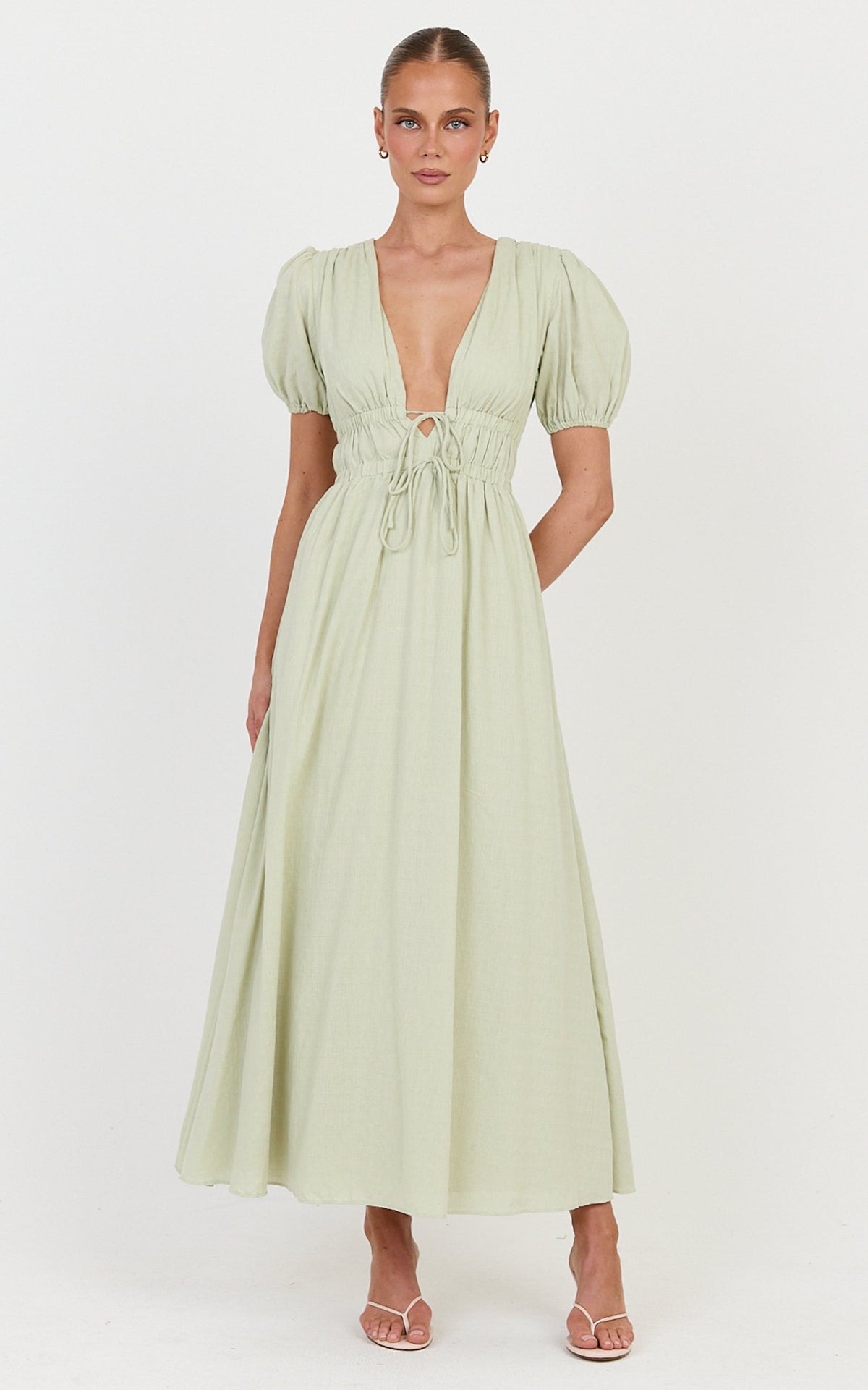 Matteo Midi Dress - Deep V Neck Puff Sleeve Dress in Sage