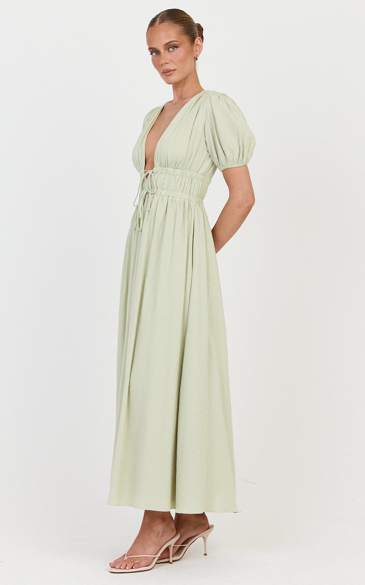 Matteo Midi Dress - Deep V Neck Puff Sleeve Dress in Sage
