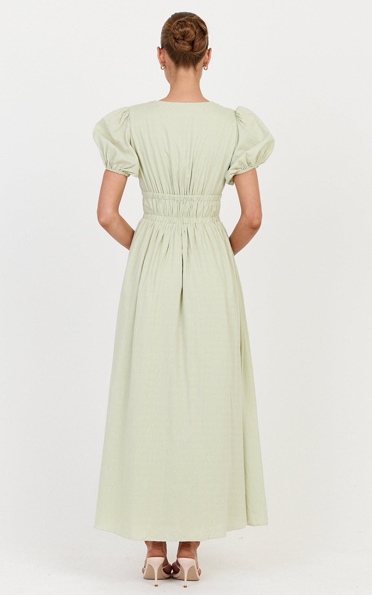 Matteo Midi Dress - Deep V Neck Puff Sleeve Dress in Sage