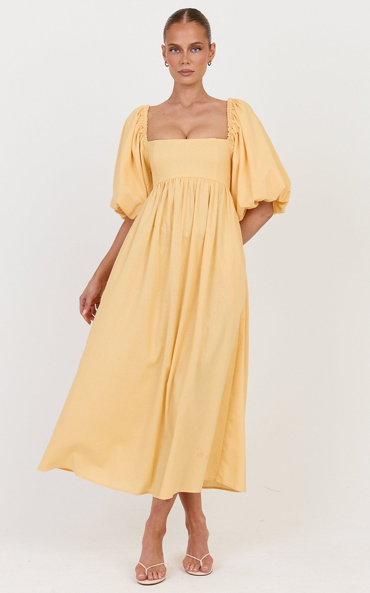Cenia Midi Dress - Linen Straight Neck Shirred Back Puff Sleeve Dress in Lemon