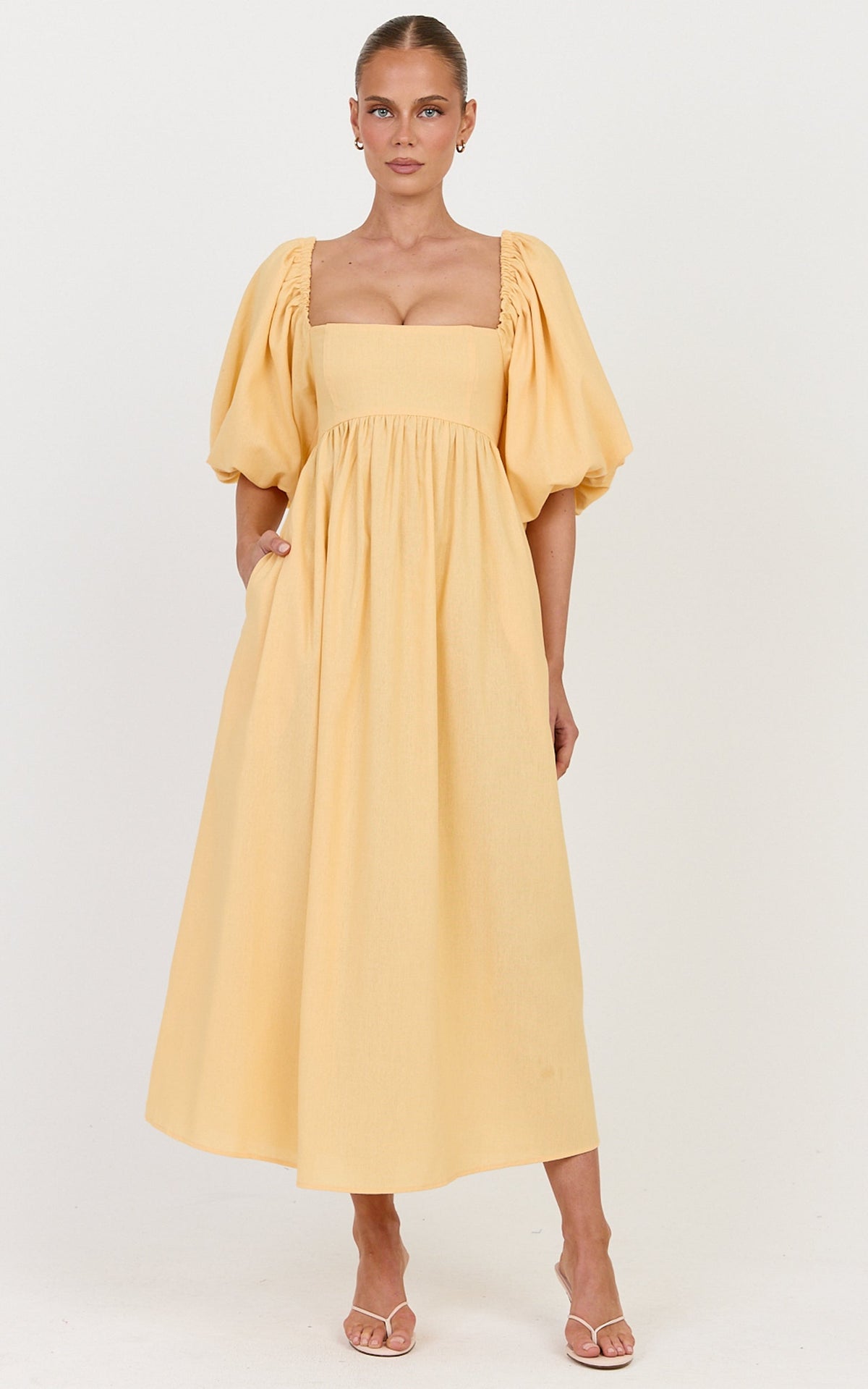 Cenia Midi Dress - Linen Straight Neck Shirred Back Puff Sleeve Dress in Lemon