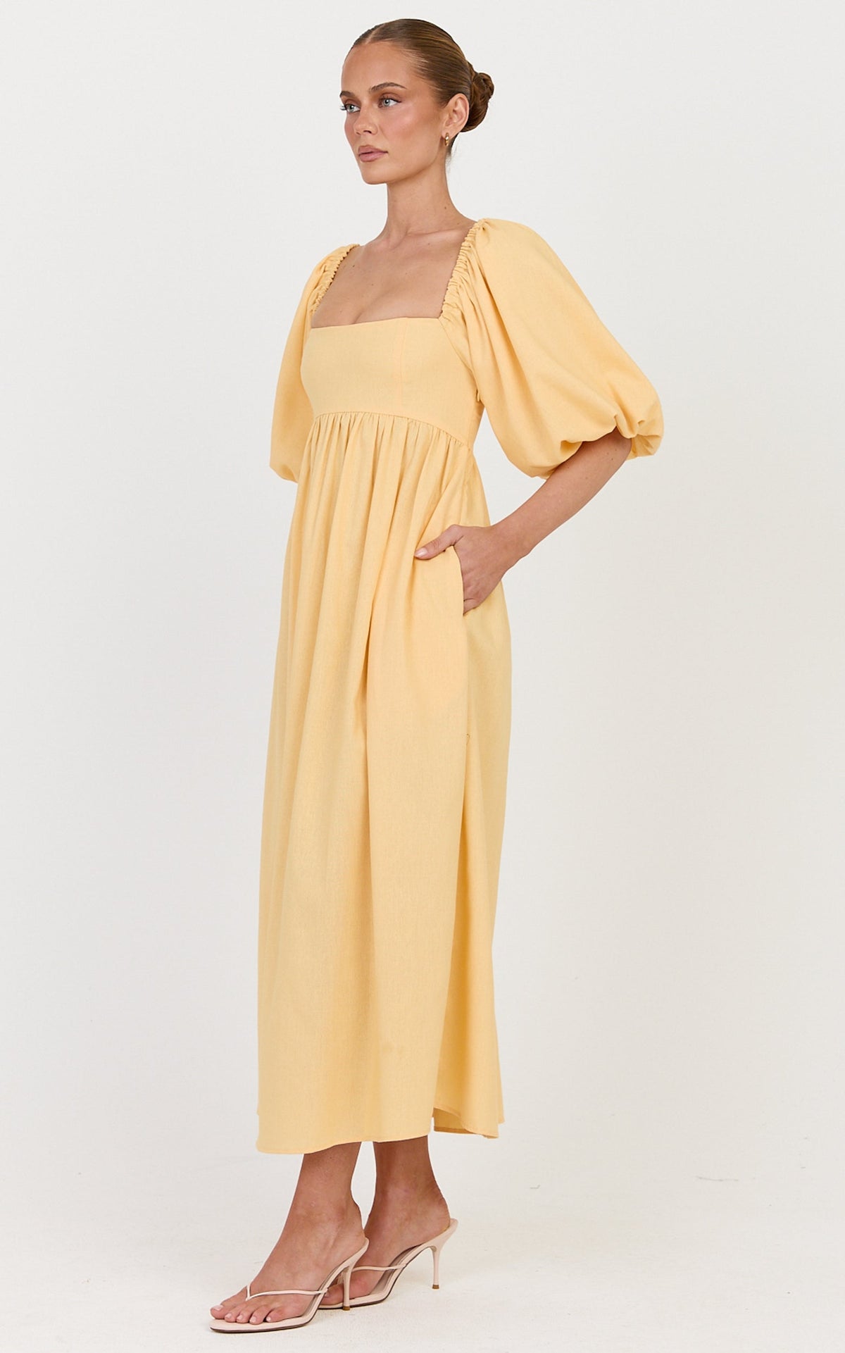 Cenia Midi Dress - Linen Straight Neck Shirred Back Puff Sleeve Dress in Lemon