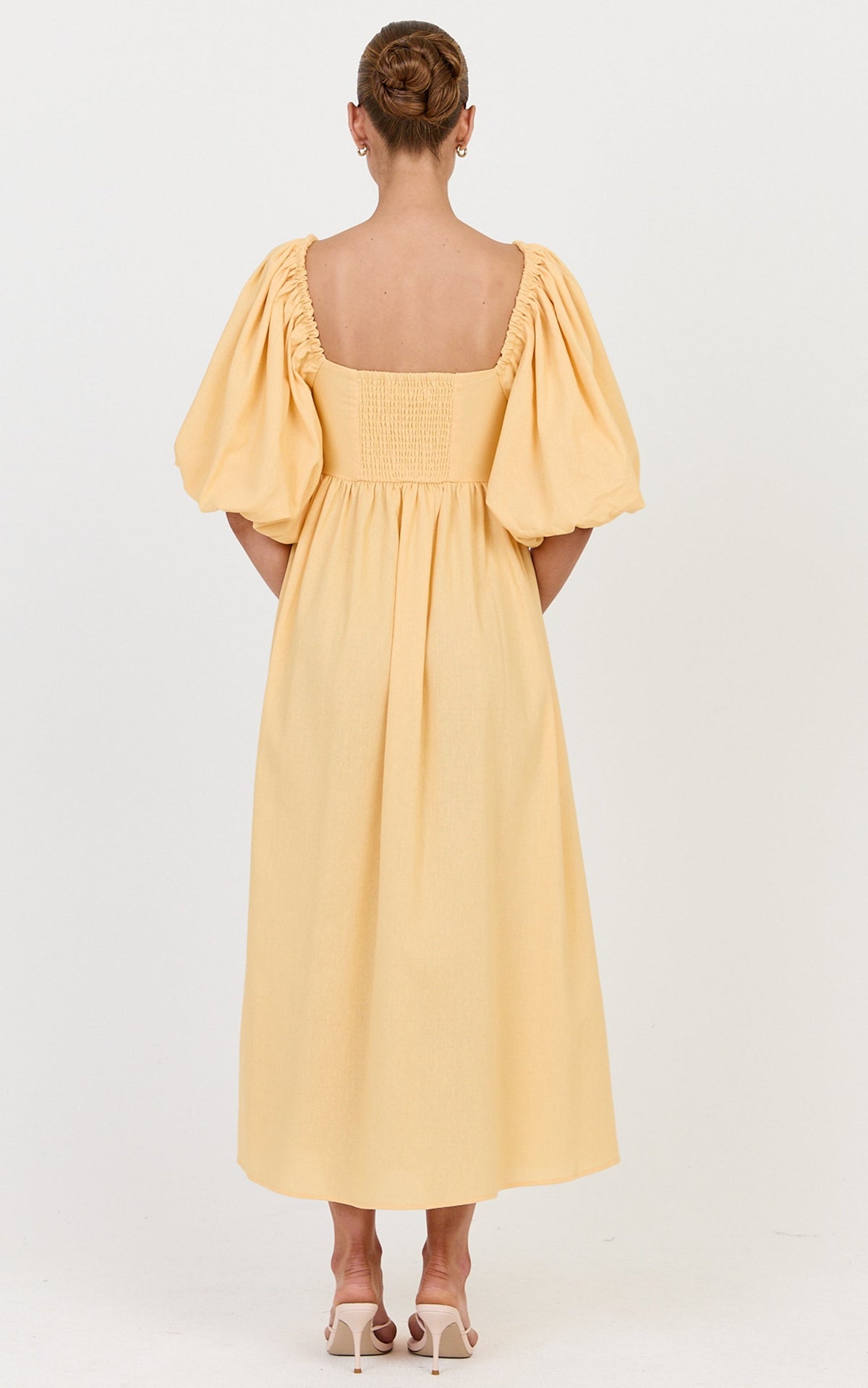 Cenia Midi Dress - Linen Straight Neck Shirred Back Puff Sleeve Dress in Lemon