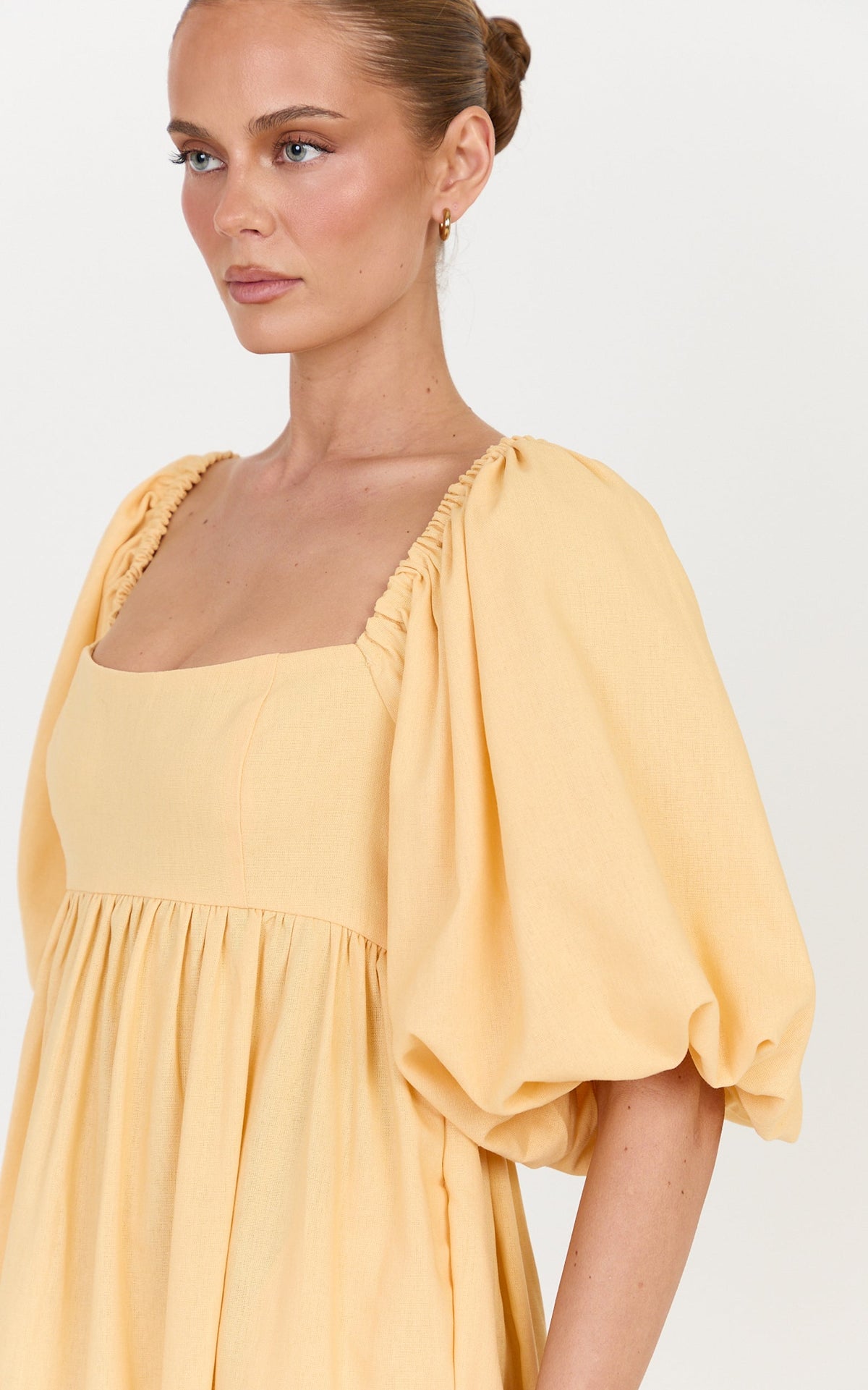 Cenia Midi Dress - Linen Straight Neck Shirred Back Puff Sleeve Dress in Lemon