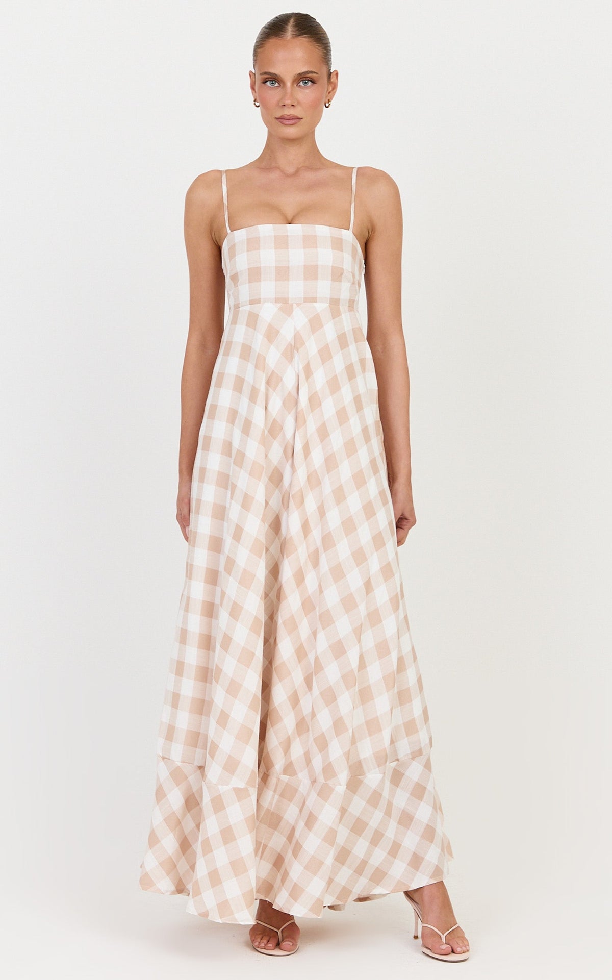 Katrien Maxi Dress - Strappy Empire Waist Flare Dress in Beige and White Check