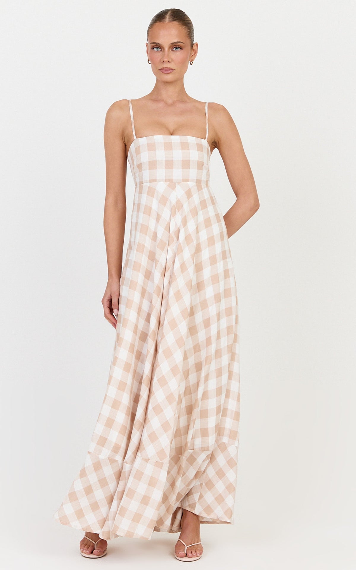 Katrien Maxi Dress - Strappy Empire Waist Flare Dress in Beige and White Check
