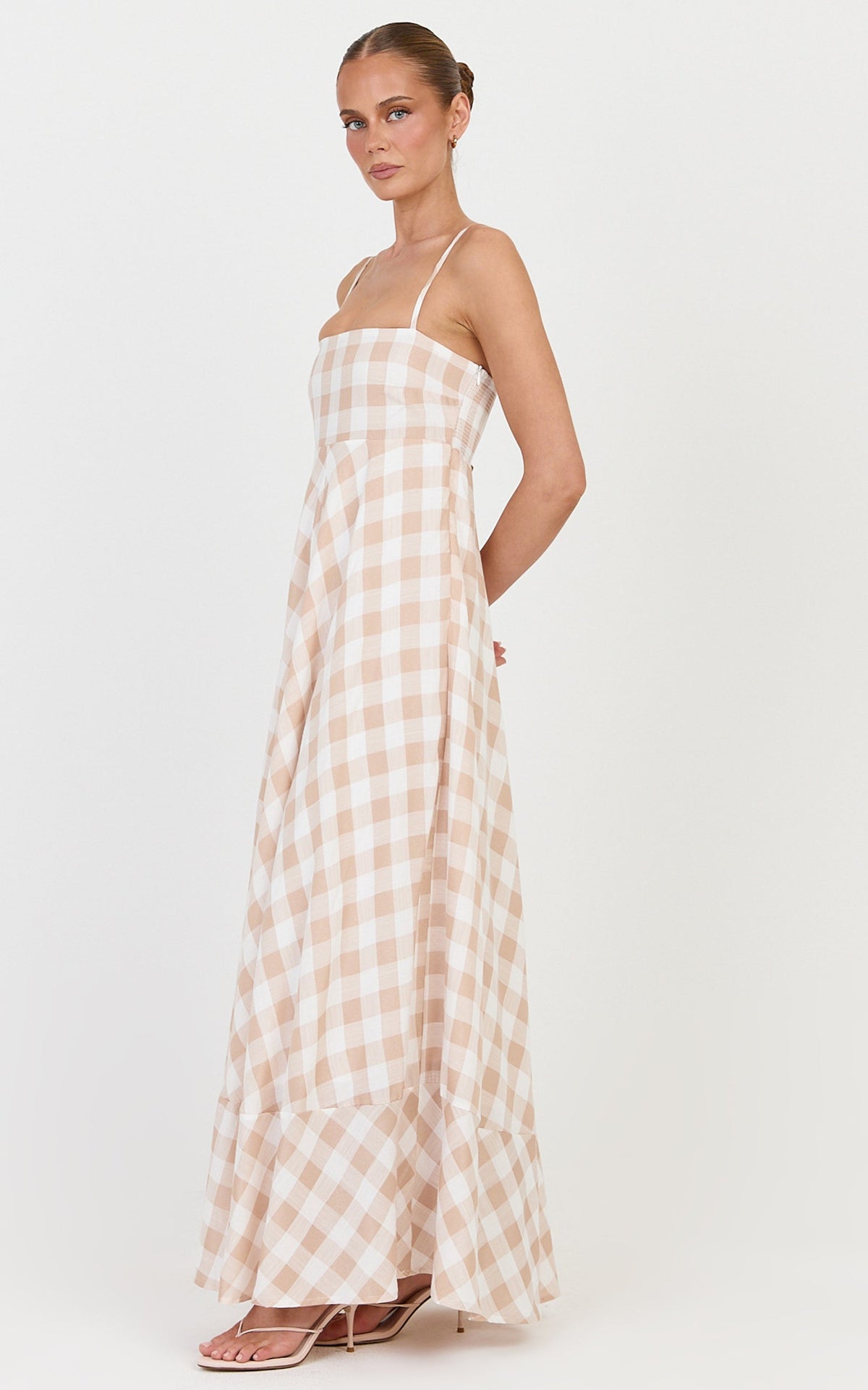 Katrien Maxi Dress - Strappy Empire Waist Flare Dress in Beige and White Check