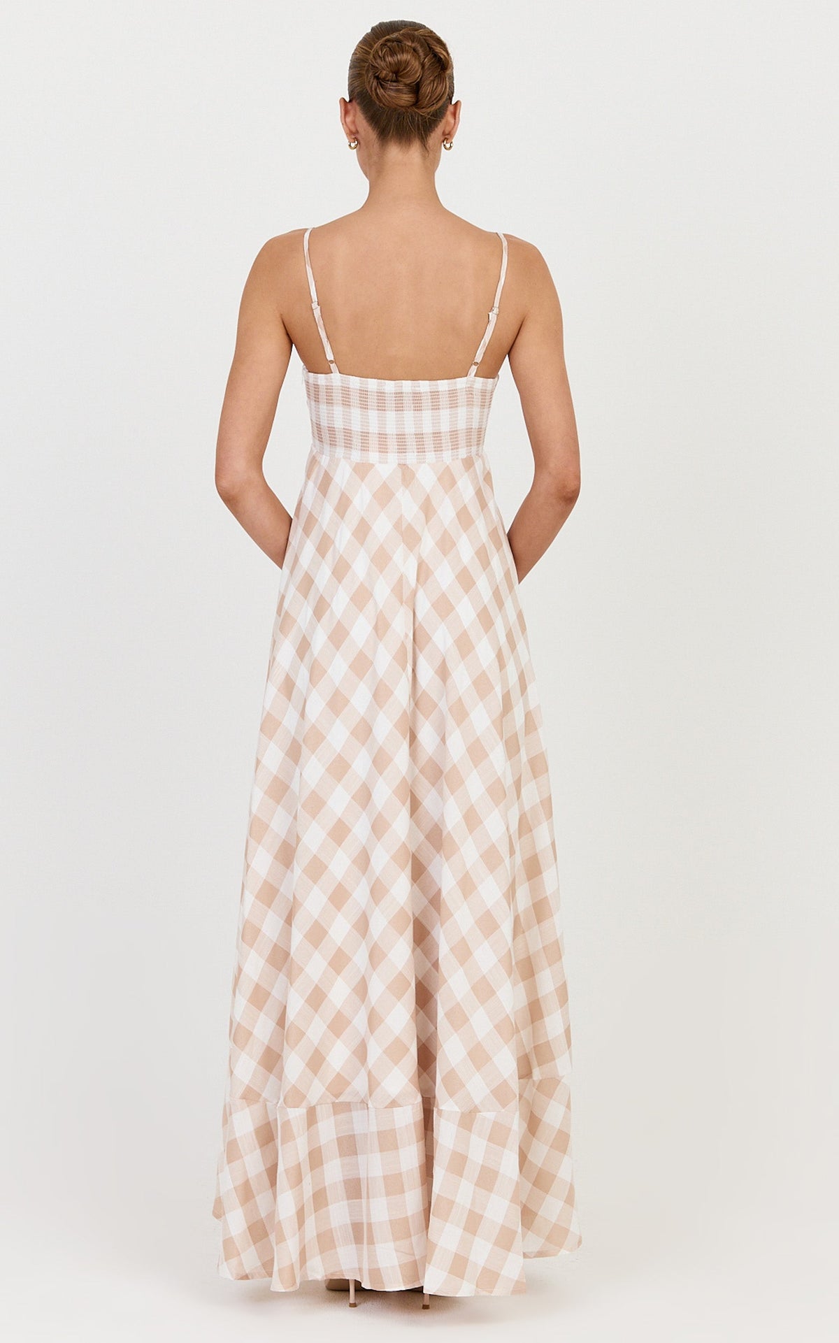Katrien Maxi Dress - Strappy Empire Waist Flare Dress in Beige and White Check