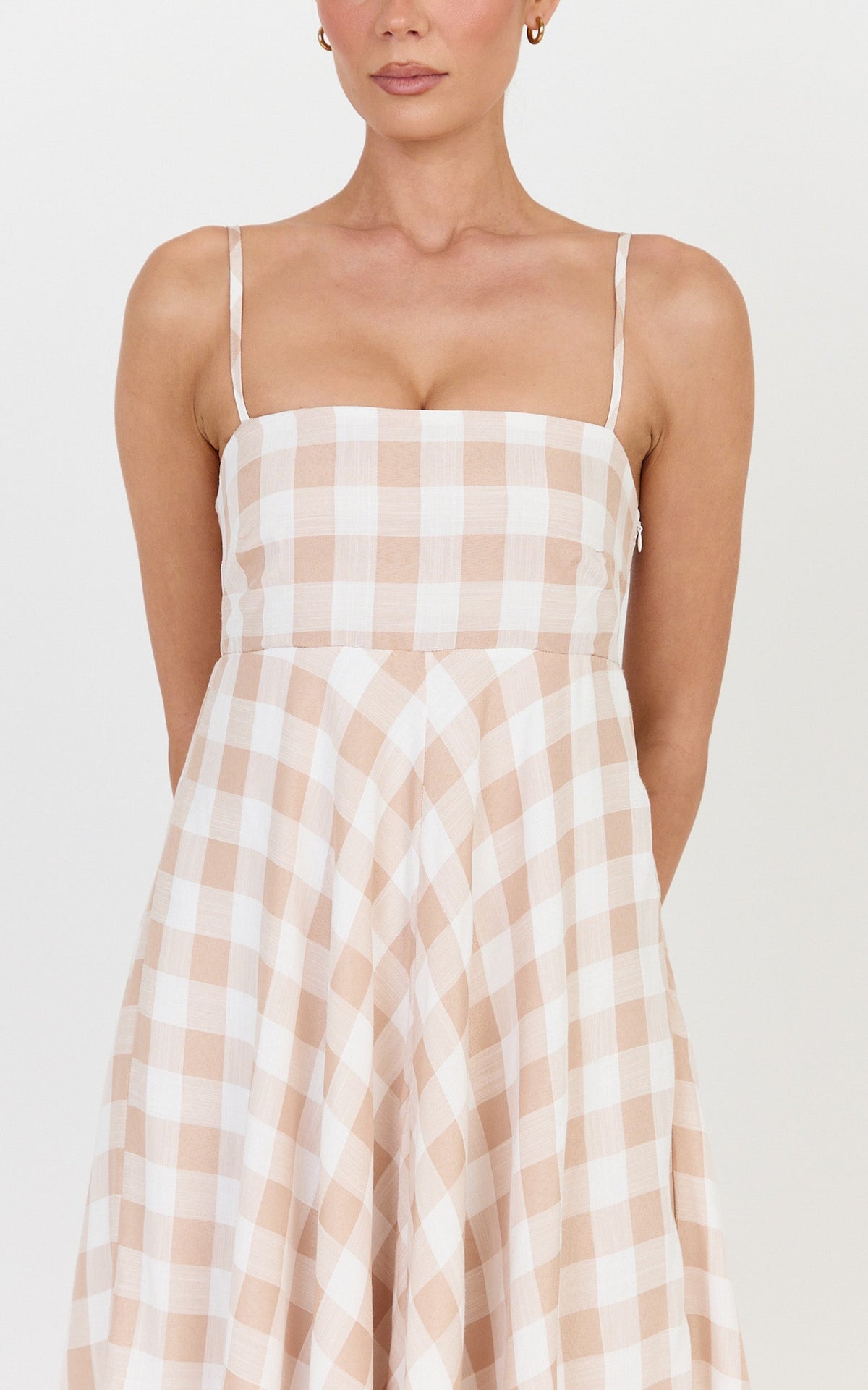 Katrien Maxi Dress - Strappy Empire Waist Flare Dress in Beige and White Check
