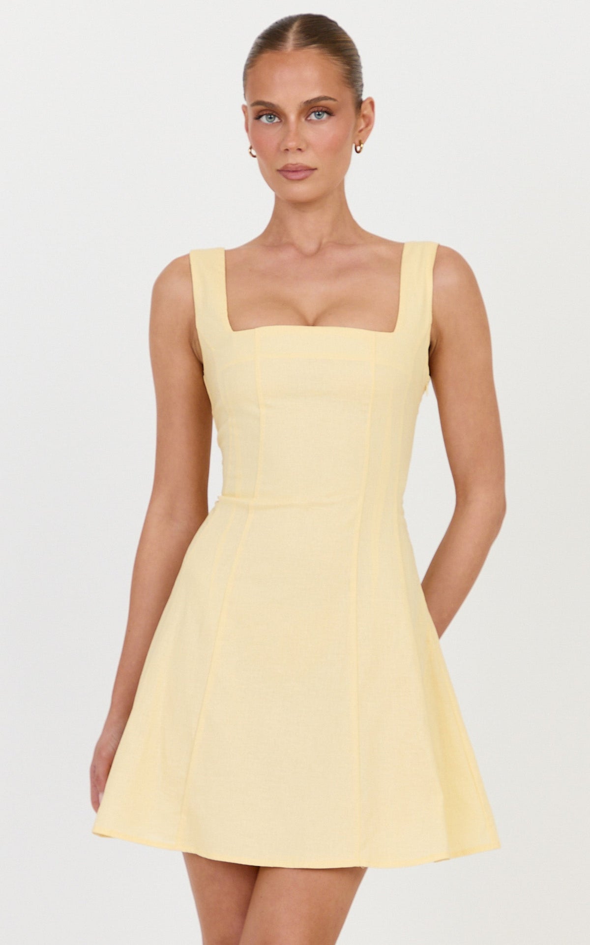 Adiana Mini Dress - Linen Square Neck Shirred Back A Line Dress in Lemon