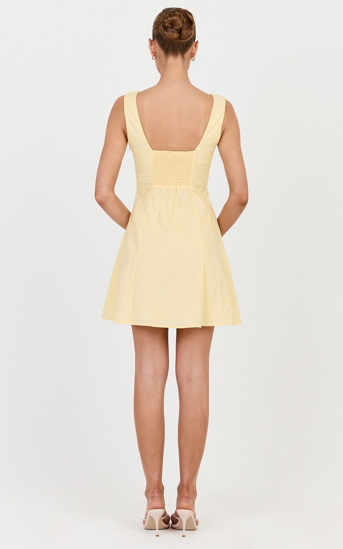 Adiana Mini Dress - Linen Square Neck Shirred Back A Line Dress in Lemon