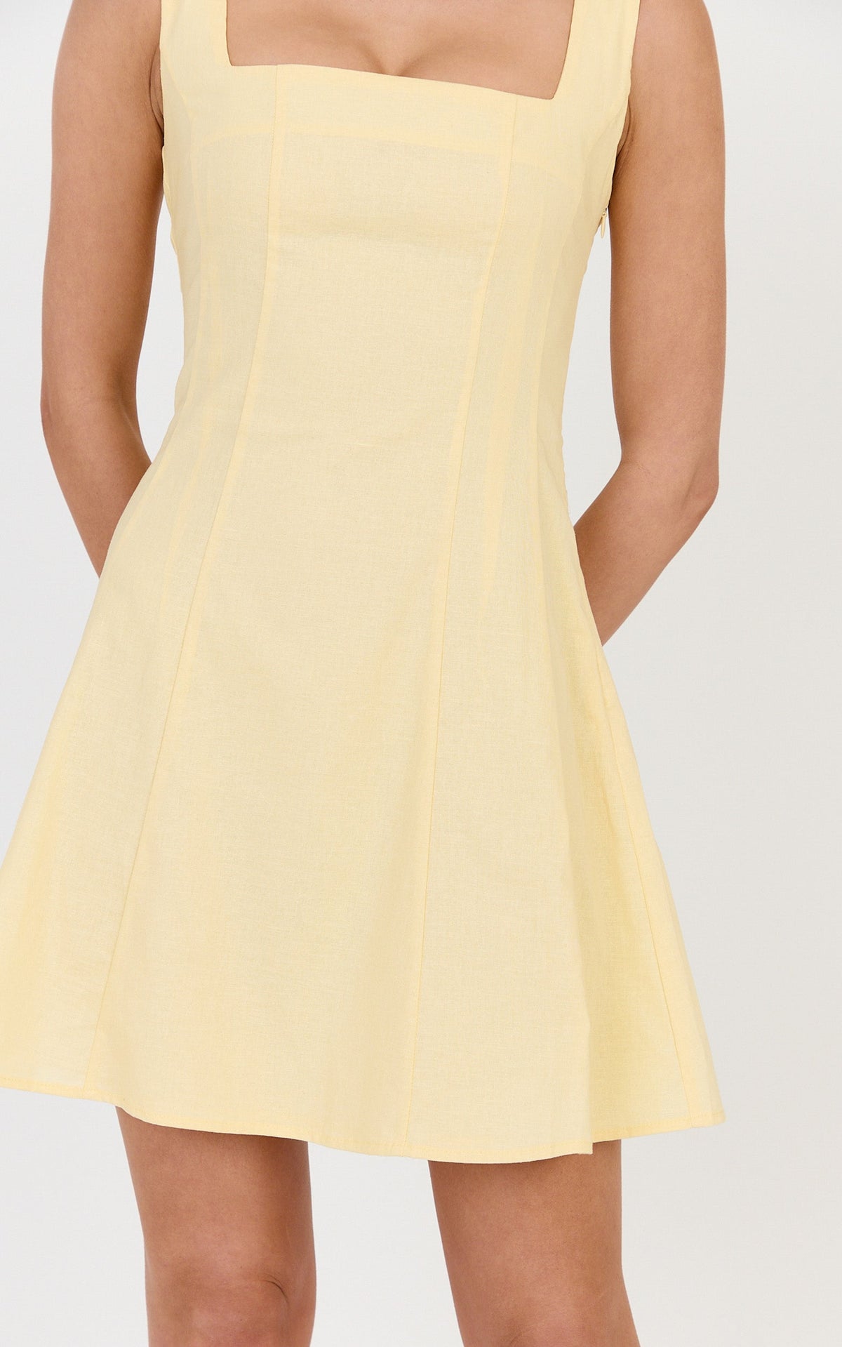 Adiana Mini Dress - Linen Square Neck Shirred Back A Line Dress in Lemon