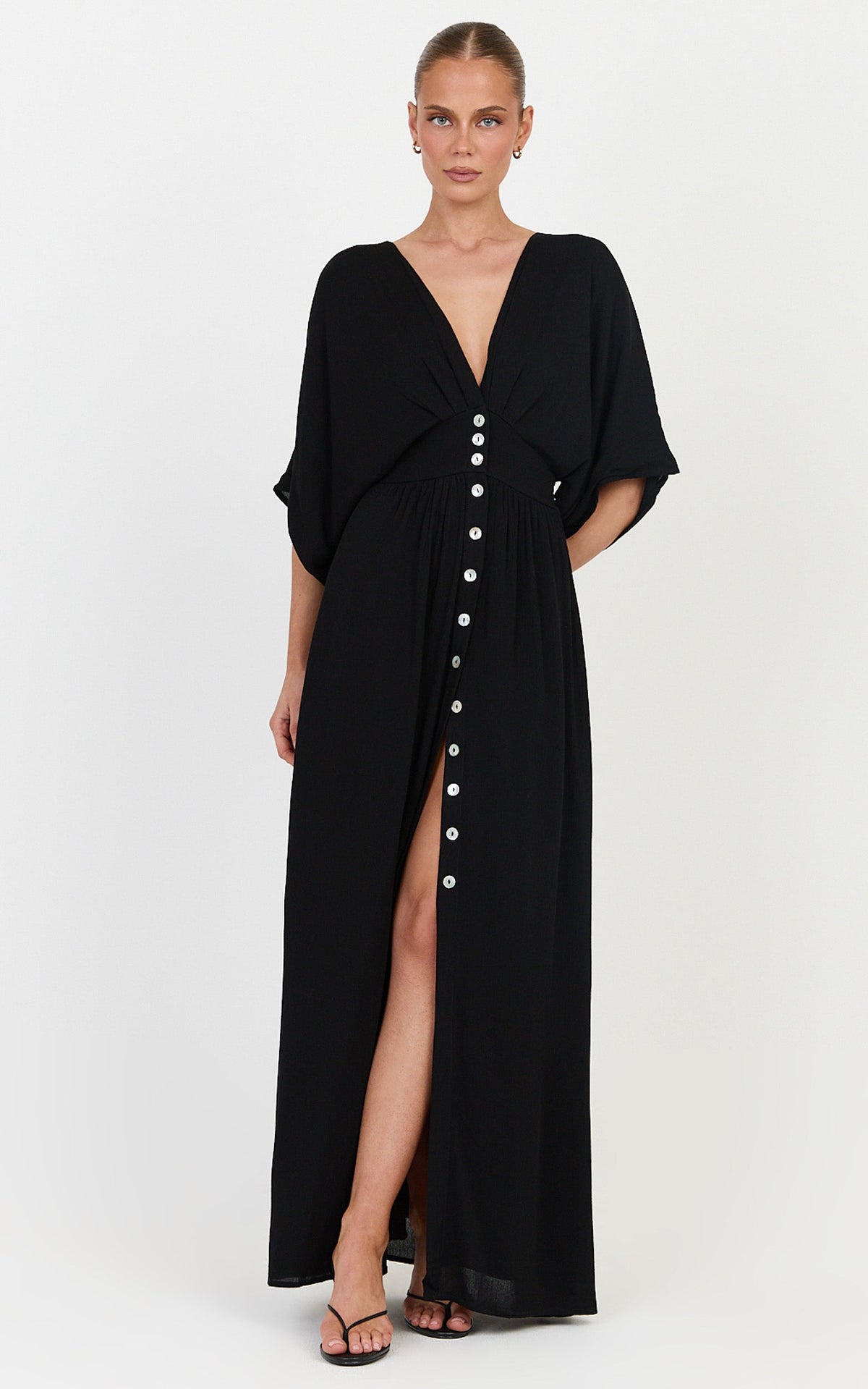 Sitting Pretty Maxi Dress - Short Sleeve Button Down Dress in Black
