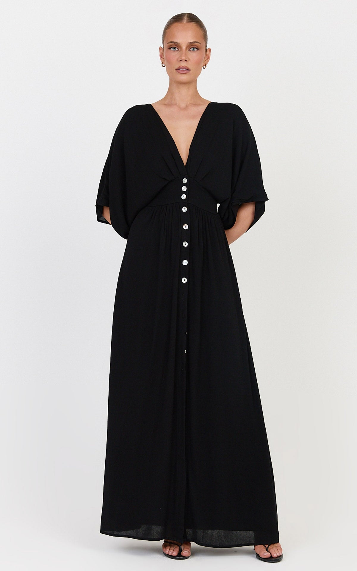 Sitting Pretty Maxi Dress - Short Sleeve Button Down Dress in Black