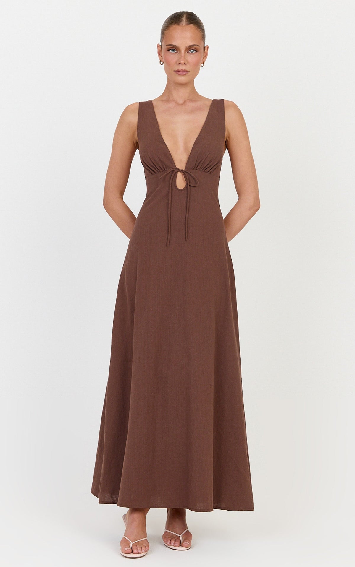 Silvena Midi Dress - V Neck Tie Front A Line Dress in Chocolate