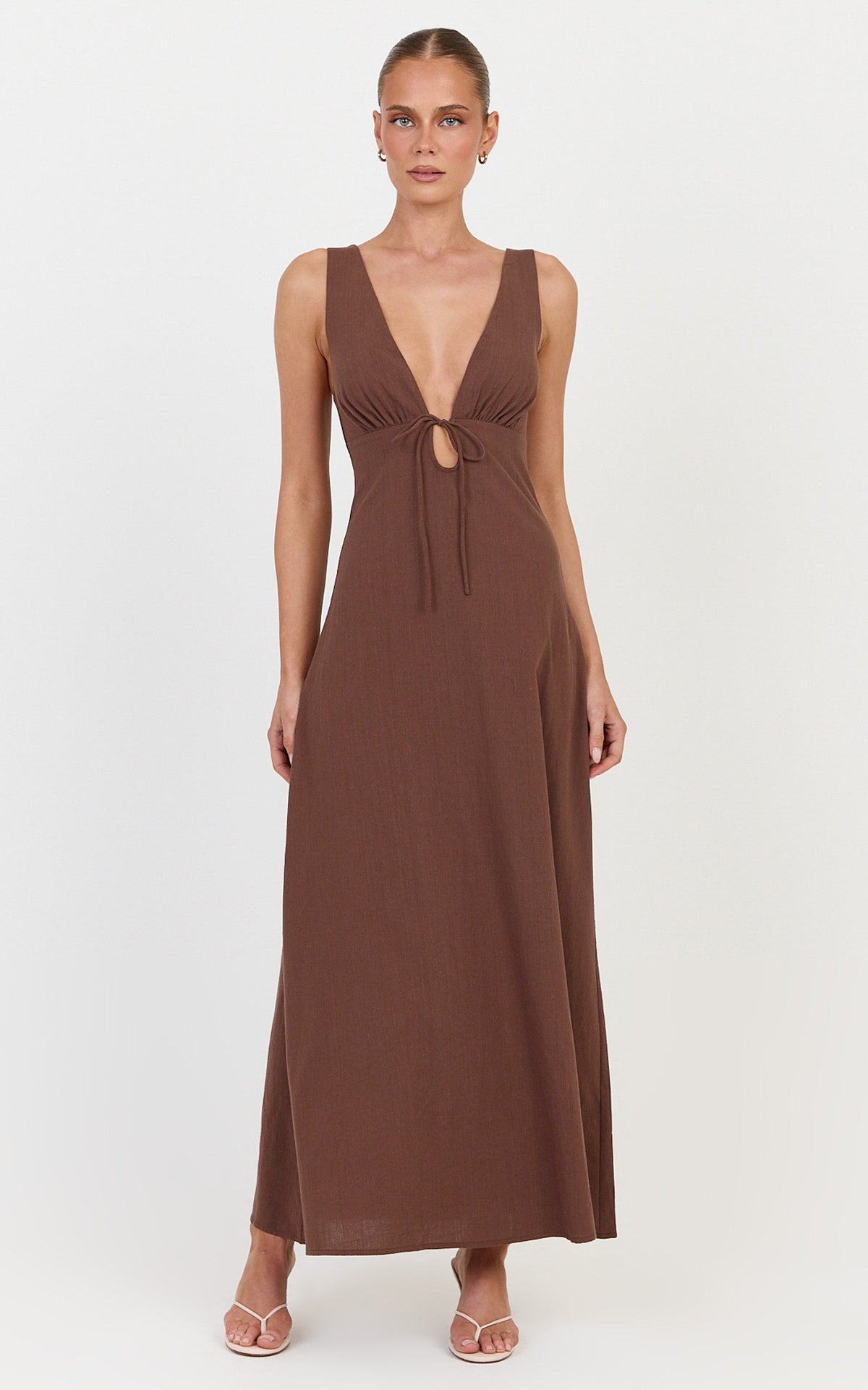Silvena Midi Dress - V Neck Tie Front A Line Dress in Chocolate