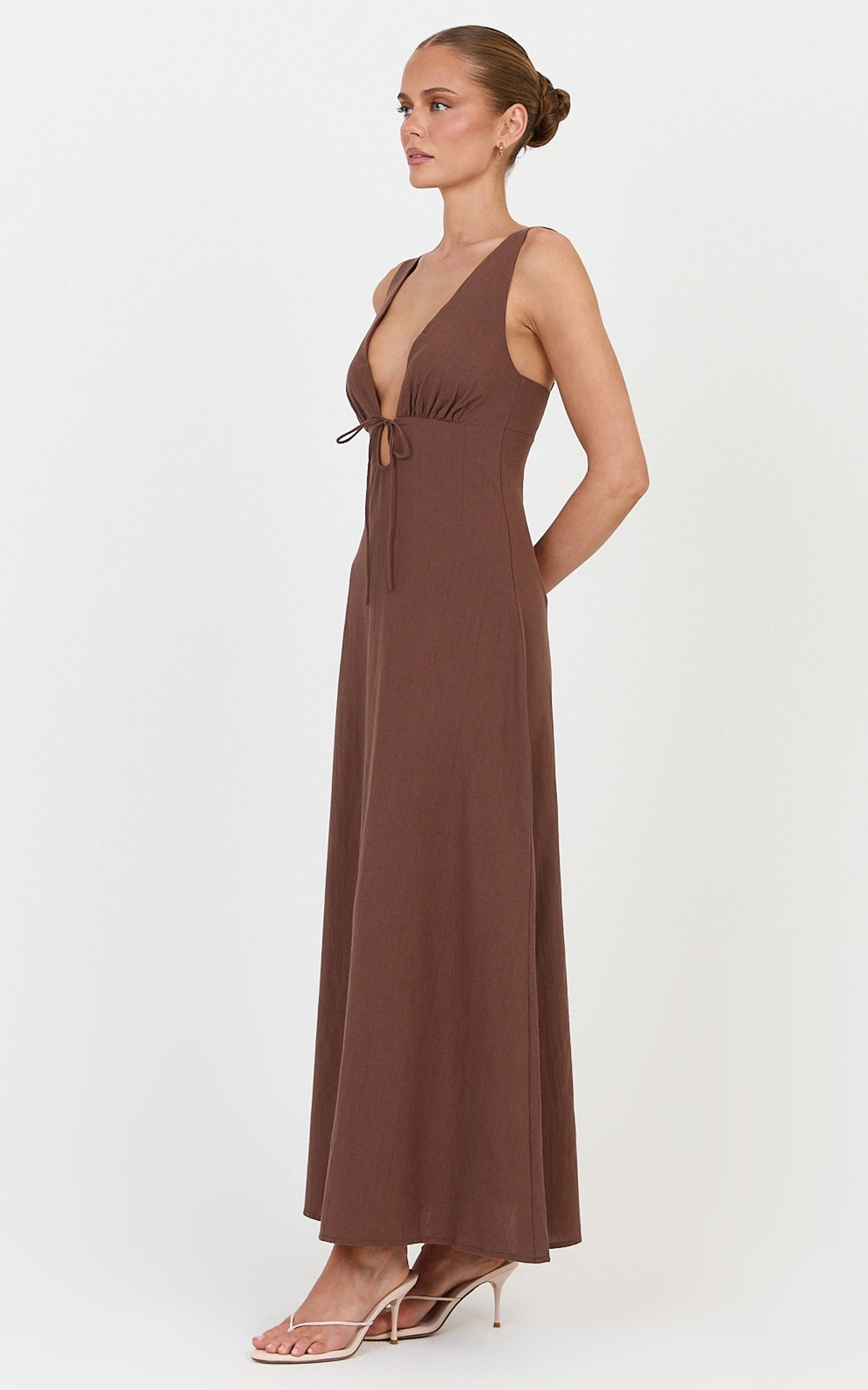 Silvena Midi Dress - V Neck Tie Front A Line Dress in Chocolate