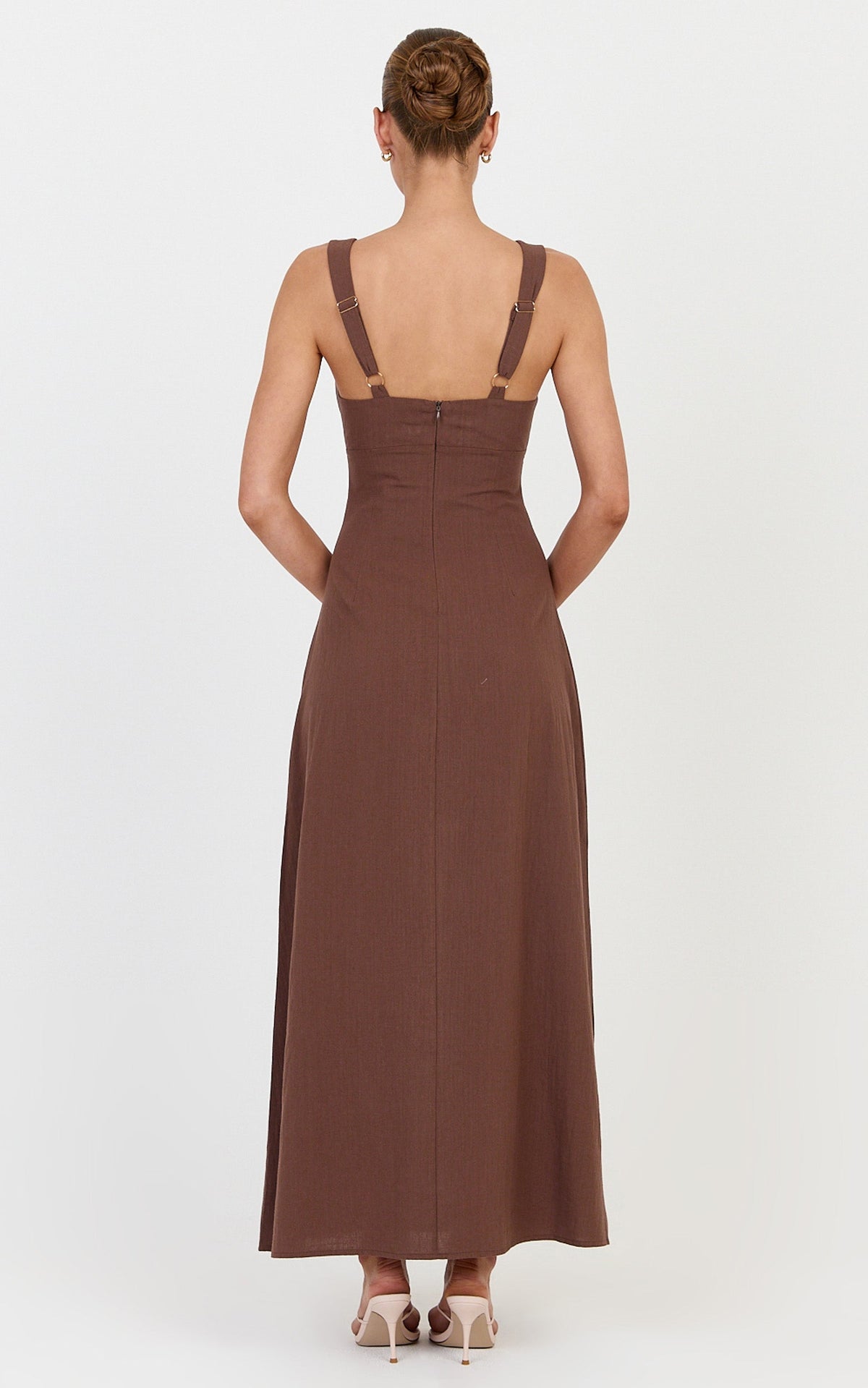 Silvena Midi Dress - V Neck Tie Front A Line Dress in Chocolate