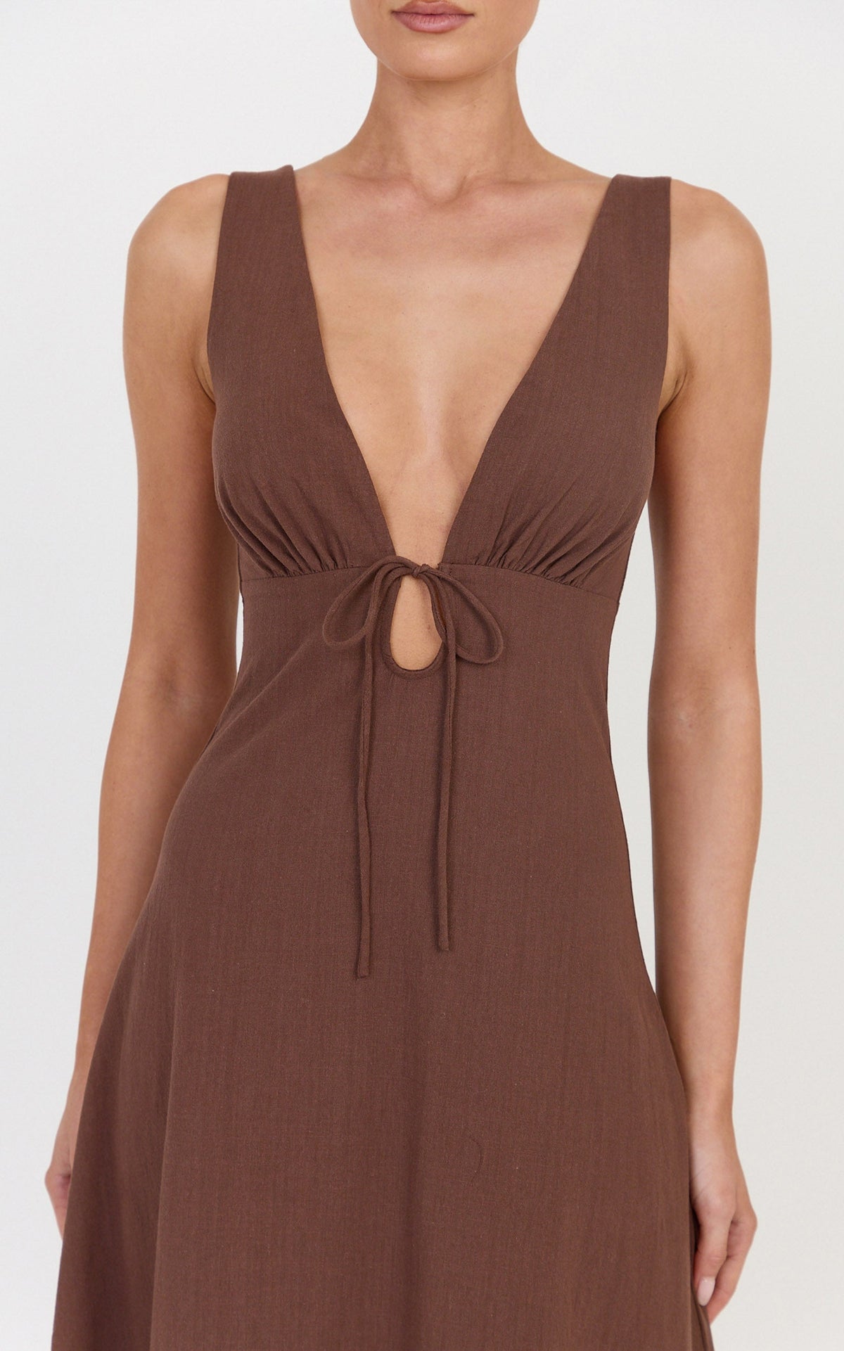 Silvena Midi Dress - V Neck Tie Front A Line Dress in Chocolate